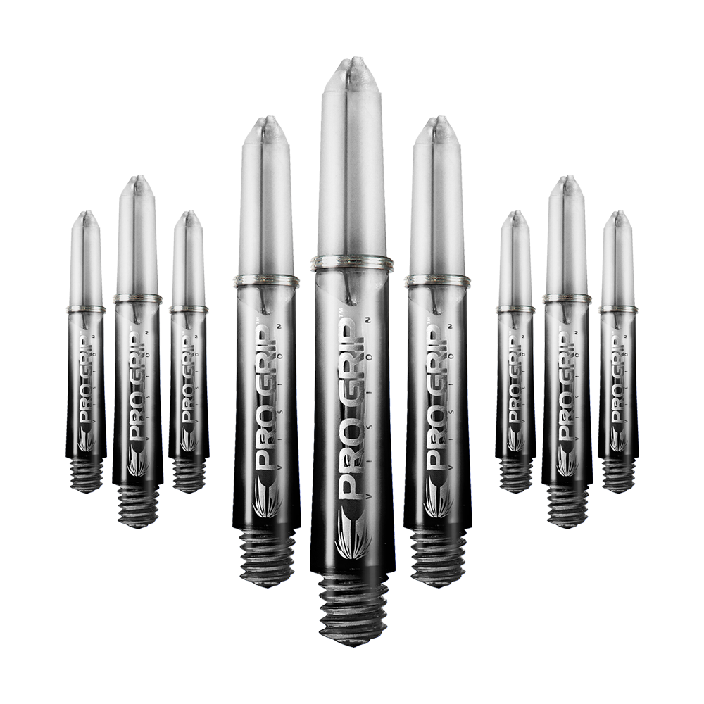 Aste Target Pro Grip Vision - 3 set - Nero Auf dem Bild sind mehrere schwarze Dartschäfte der Marke "Pro Grip Vision" zu sehen. Sie sind in einer Reihe angeordnet und haben eine glänzende Oberfläche.