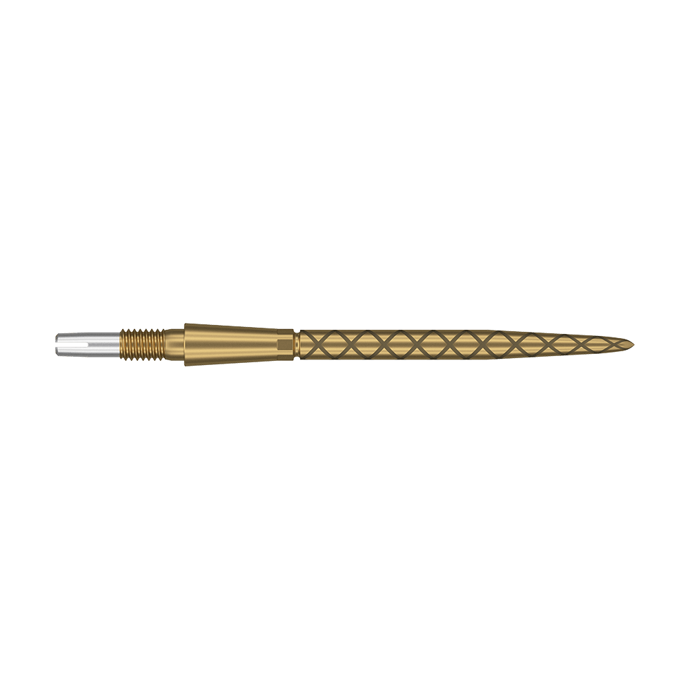 Punte per freccette Target Swiss Storm Diamond Point - Oro Auf dem Bild ist eine goldene Dartspitze mit Diamantmuster zu sehen. Die Spitze ist lang und hat am hinteren Ende einen silbernen Schraubaufsatz.