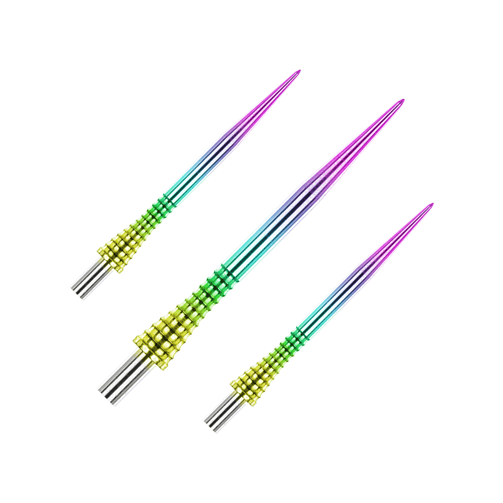 Punte per freccette in acciaio Red Dragon Raptor Gripped Rainbow da 30 mm Das Bild zeigt drei bunte Steeldartspitzen mit einem Regenbogen-Farbverlauf. Die Spitzen haben einen strukturierten, gelb-grünen Griffbereich und gehören zum Produkt "Red Dragon Raptor Gripped Rainbow Steeldartspitzen 38mm".