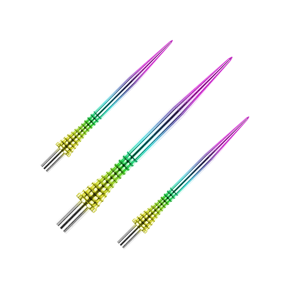 Punte per freccette in acciaio Red Dragon Raptor Gripped Rainbow da 30 mm Das Produkt Red Dragon Raptor Gripped Rainbow Steeldartspitzen 30mm ist als Set abgebildet. Die Spitzen haben ein spezielles Muster.