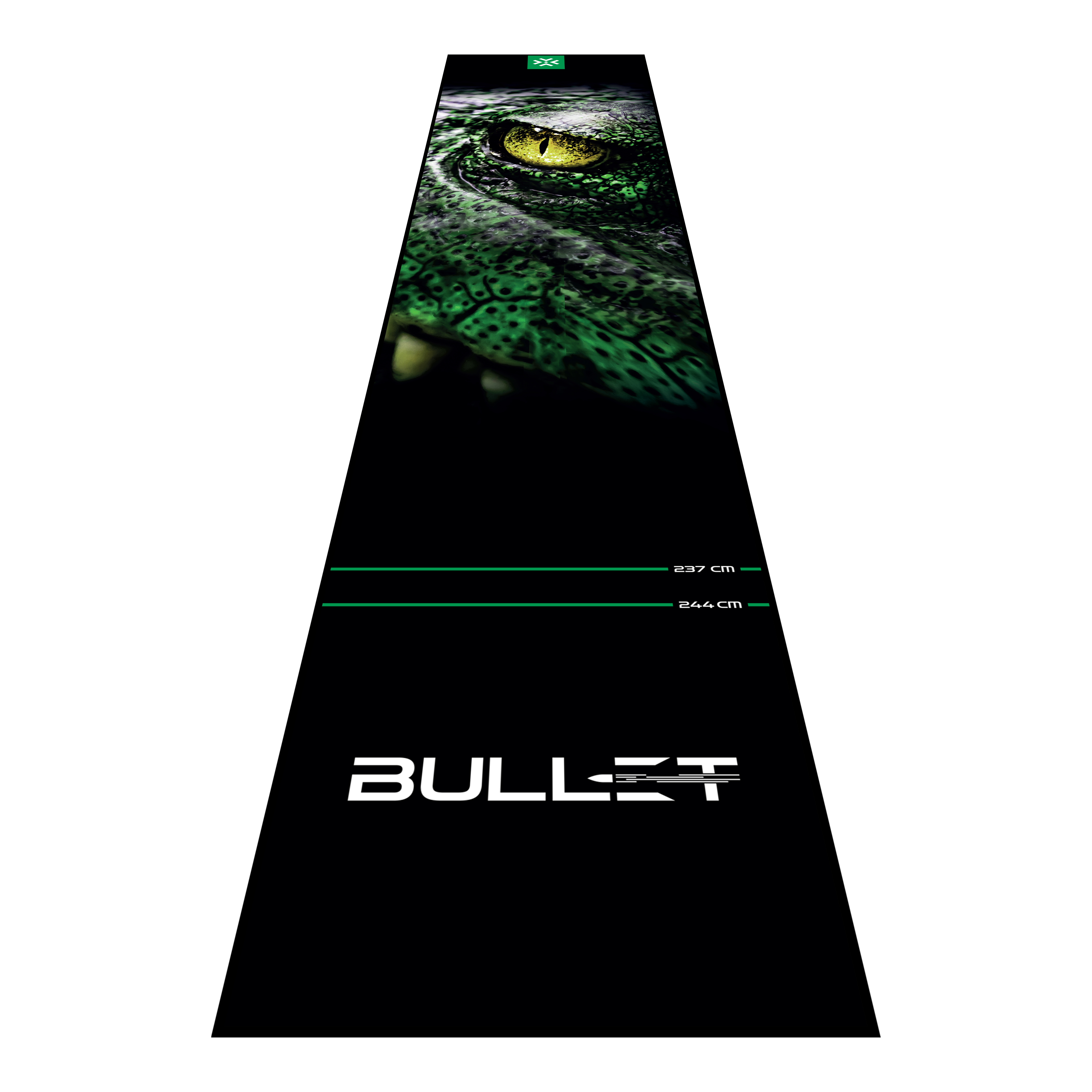 Tappetino per freccette Bullet Gator Die Bullet Gator Dartmatte ist auf dem Bild zu sehen. Sie schützt den Boden und markiert die Abwurflinie beim Dartspiel.