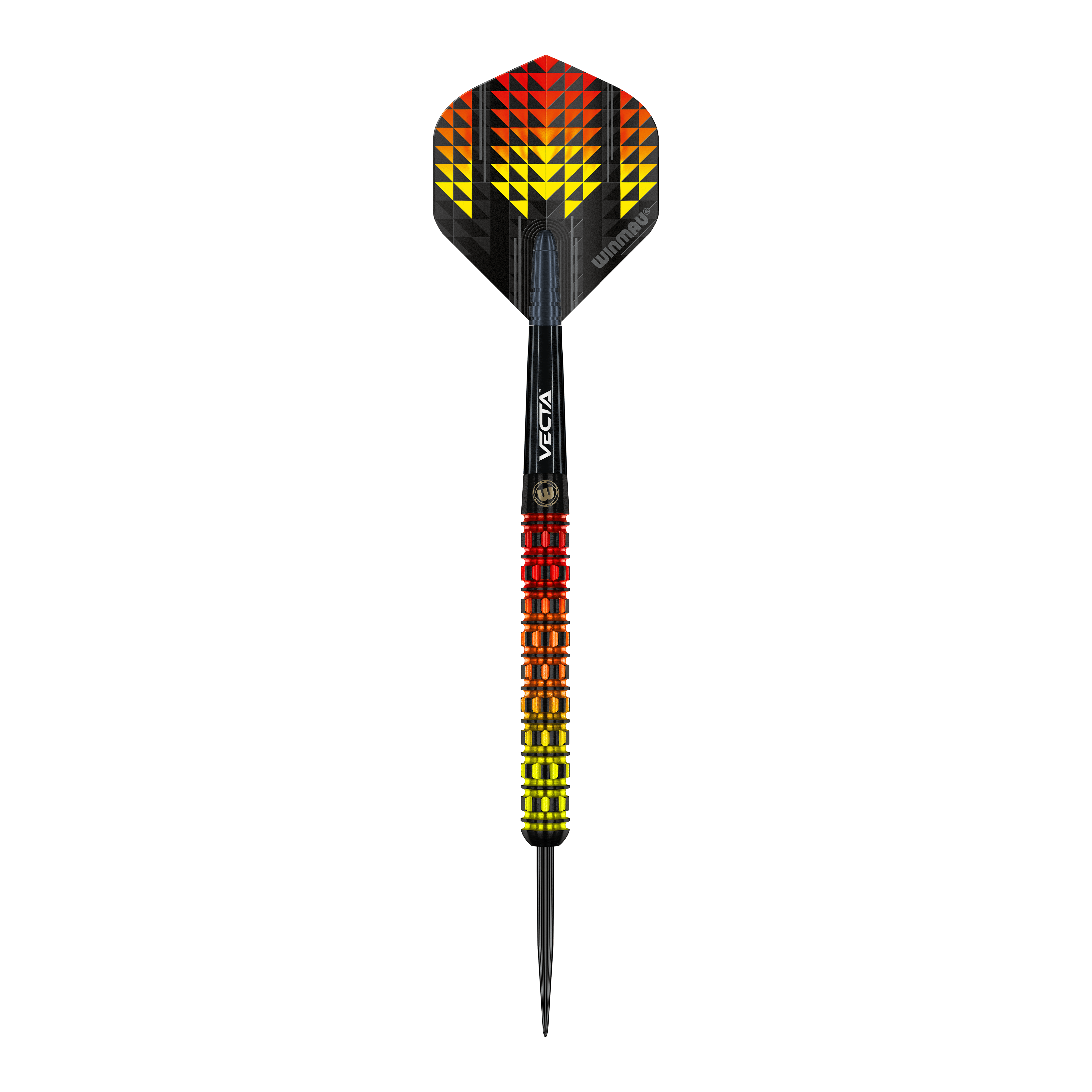Winmau Firestorm Flame Parallel Steeldarts Der Winmau Firestorm Flame Parallel Steeldart hat ein auffälliges Design in Flammenfarben mit gelben, orangefarbenen und roten Akzenten. Der Schaft und Flight sind schwarz mit geometrischen Mustern, die an Feuer erinnern.