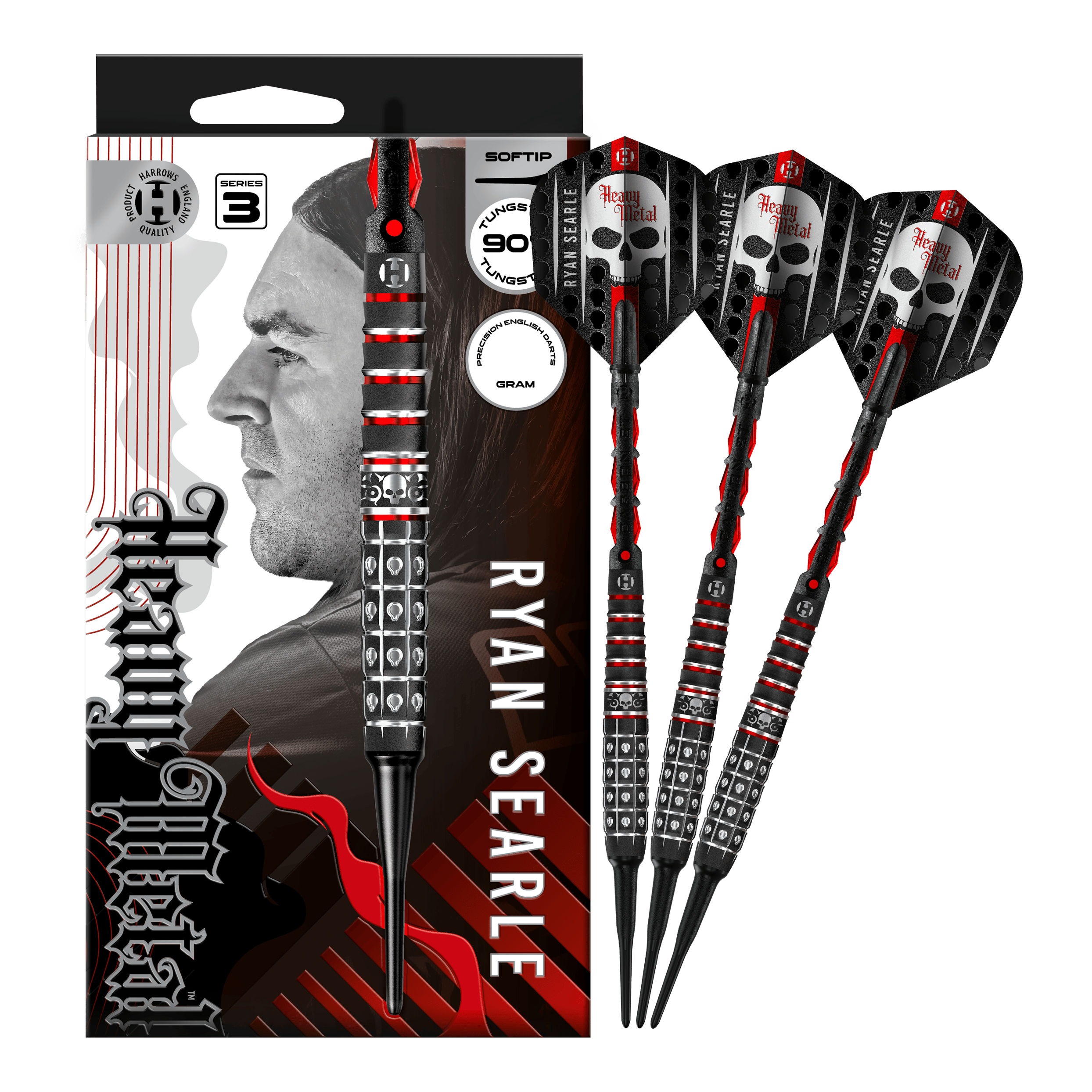 Freccette morbide Ryan Searle Series 3 di Harrow Das Foto zeigt Harrows Ryan Searle Series 3 Softdarts in voller Ansicht. Der Artikel ist für Softdart-Spiele gedacht.