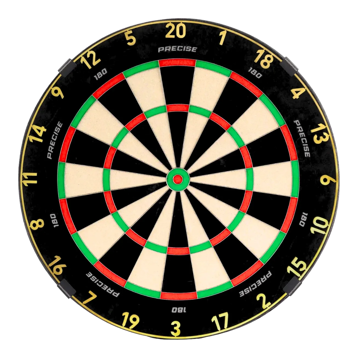 Bersaglio per freccette in acciaio Precise 180 Endorphine con anello numerato - Oro Auf dem Bild ist das Precise 180 Endorphine Steeldartboard mit Nummernring in Gold dargestellt. Die Scheibe bietet einen edlen Look mit goldenem Zahlenring.