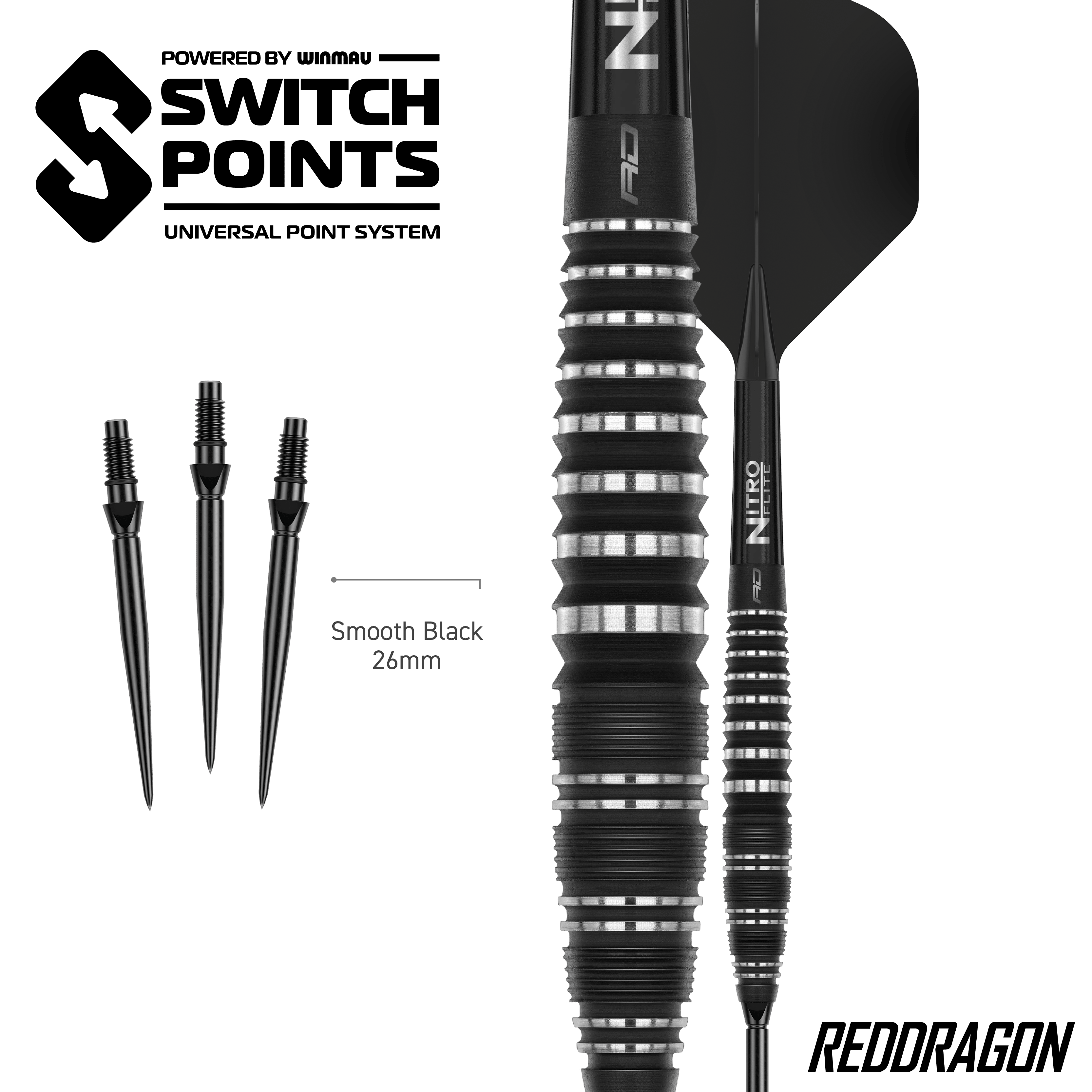 Dardi d'acciaio Switch Point Red Dragon Sable Bomb Zu sehen sind die Red Dragon Sable Bomb Switch Point Steeldarts. Die Darts sind robust und für präzises Spiel konzipiert.