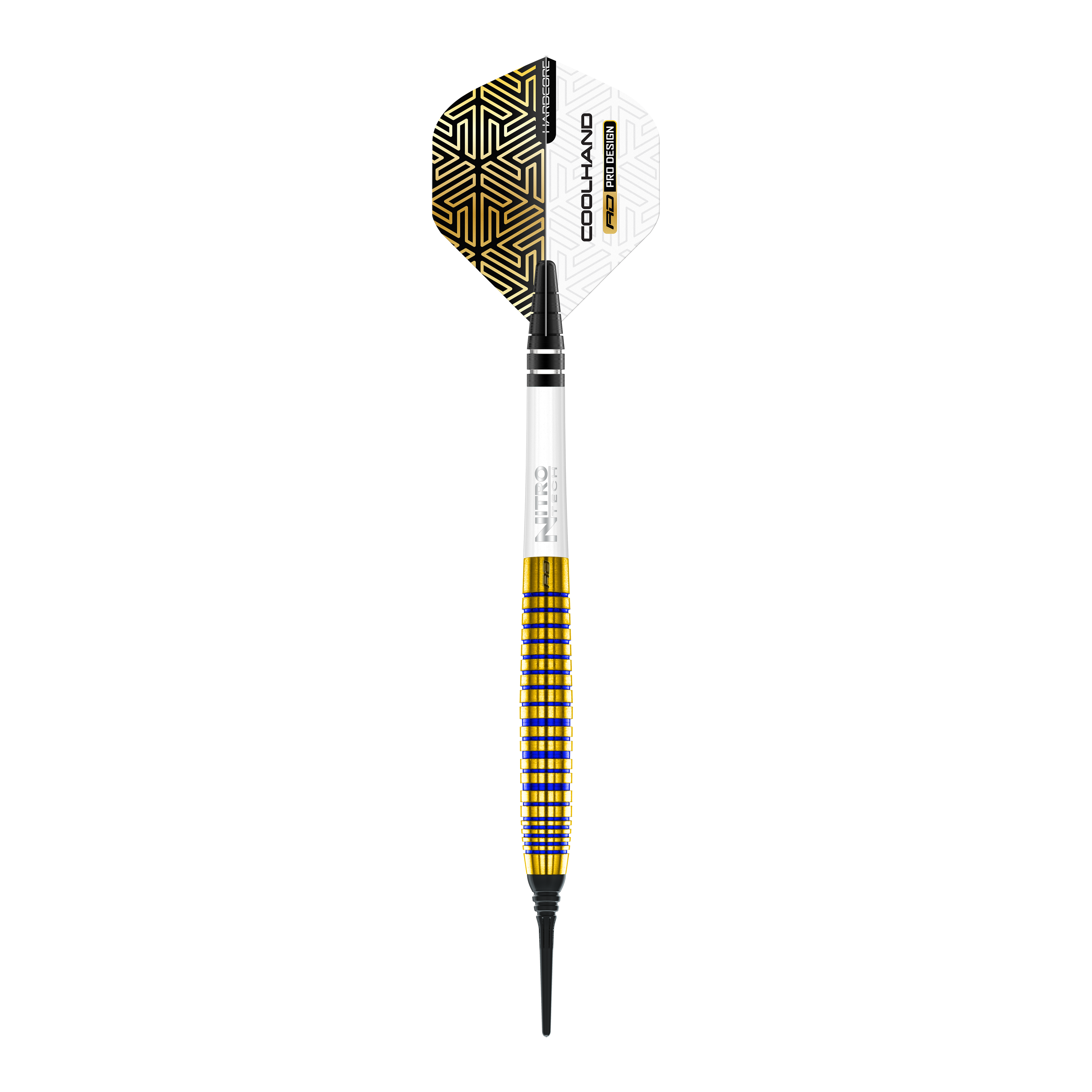 Freccette morbide Red Dragon Luke Humphries TX3 Gold SE - 20 g Das Bild zeigt einen Red Dragon Luke Humphries TX3 Gold SE Softdart mit einem Gewicht von 20g. Der Dart hat ein auffälliges Design mit goldenen und schwarzen Akzenten und einer weißen Flight.