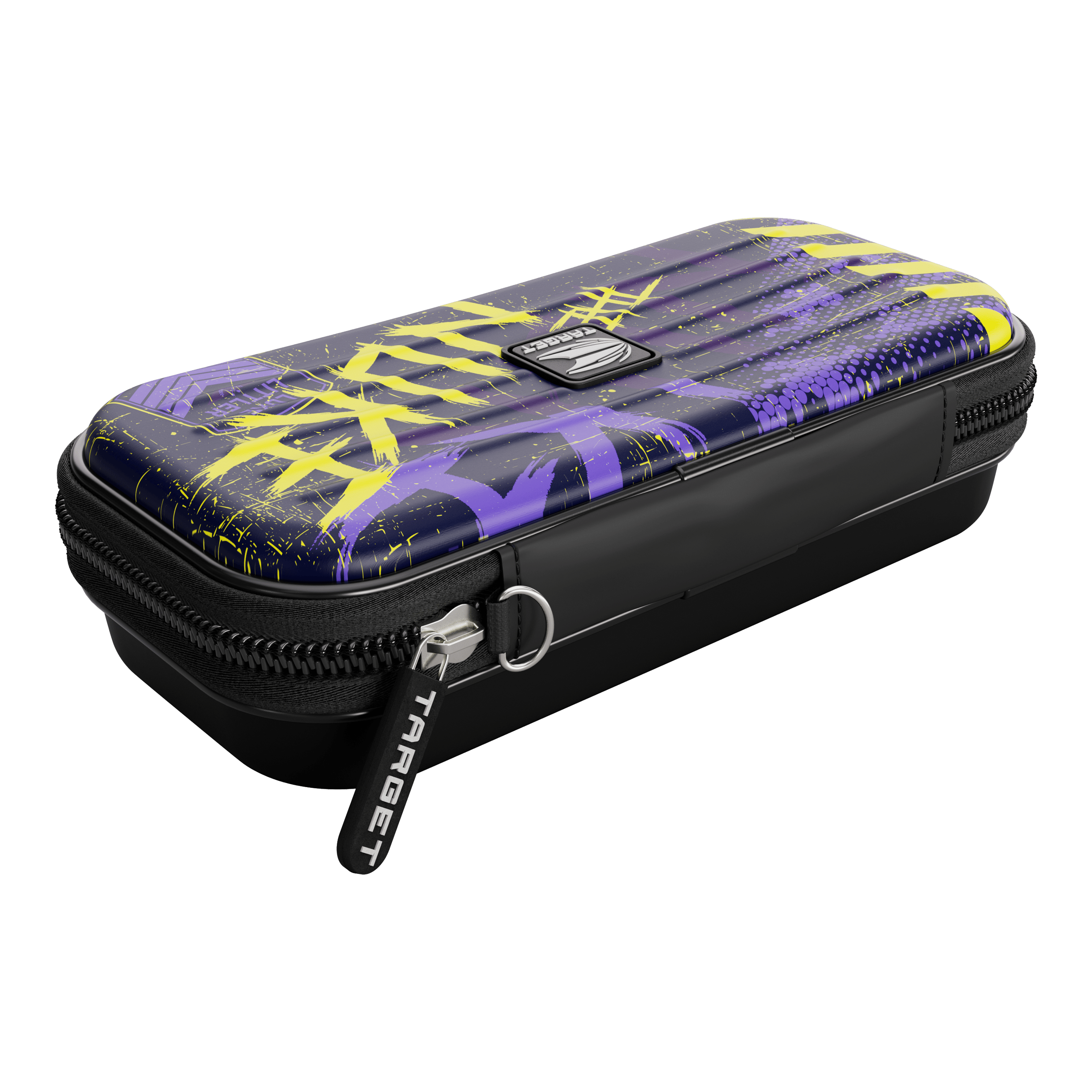 Custodia per freccette Target Takoma Luke Littler Das Bild zeigt das "Target Takoma Luke Littler Dartcase" mit einem auffälligen Design in Lila, Gelb und Schwarz. Das Etui hat einen Reißverschluss und das Target-Logo ist gut sichtbar.