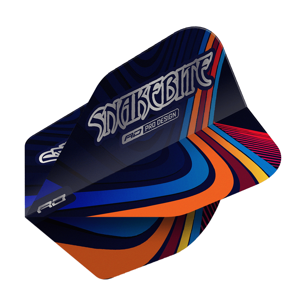 Voli Red Dragon Peter Wright Snakebite Multi Swirl No6 Das Bild zeigt ein Dartflight mit dem Namen "Red Dragon Peter Wright Snakebite Multi Swirl No6 Flights". Das Flight-Design ist bunt mit geschwungenen Linien in Blau, Orange, Rot und Gelb, und trägt die Aufschrift "Snakebite".