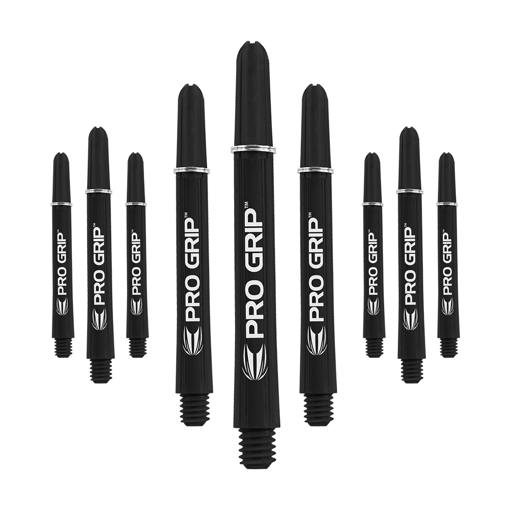 Target Pro Grip Shafts - 3 set - Nero Auf dem Bild sind neun schwarze Pro Grip Dartschäfte zu sehen. Sie sind in drei Reihen angeordnet und auf jedem Schaft steht "PRO GRIP" in weißer Schrift.
