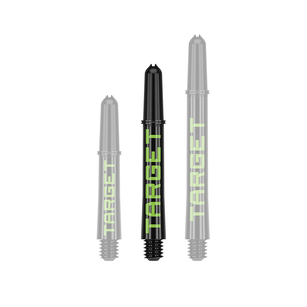Aste Target Pro Grip TAG - 3 set - Nero Verde Auf dem Bild sind drei schwarze Dartschäfte in verschiedenen Längen zu sehen. Auf jedem Schaft steht das Wort "TARGET" in grüner Schrift.
