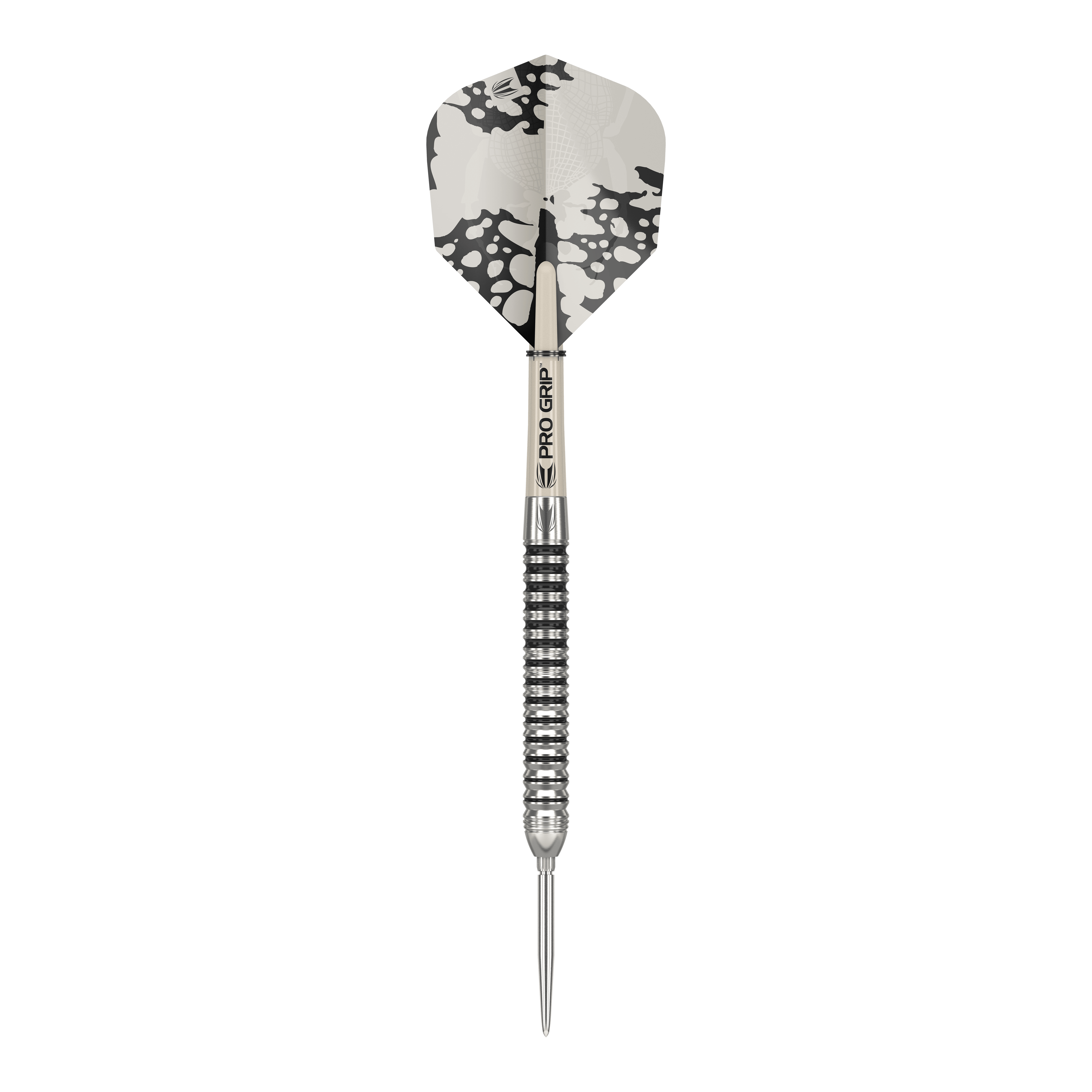 Freccette in acciaio Target EXO SP01 Swiss Point Das Bild zeigt einen Target EXO SP01 Swiss Point Steeldart. Der Dartpfeil hat ein schwarz-silbernes Design mit einer auffälligen schwarz-weißen Flight.