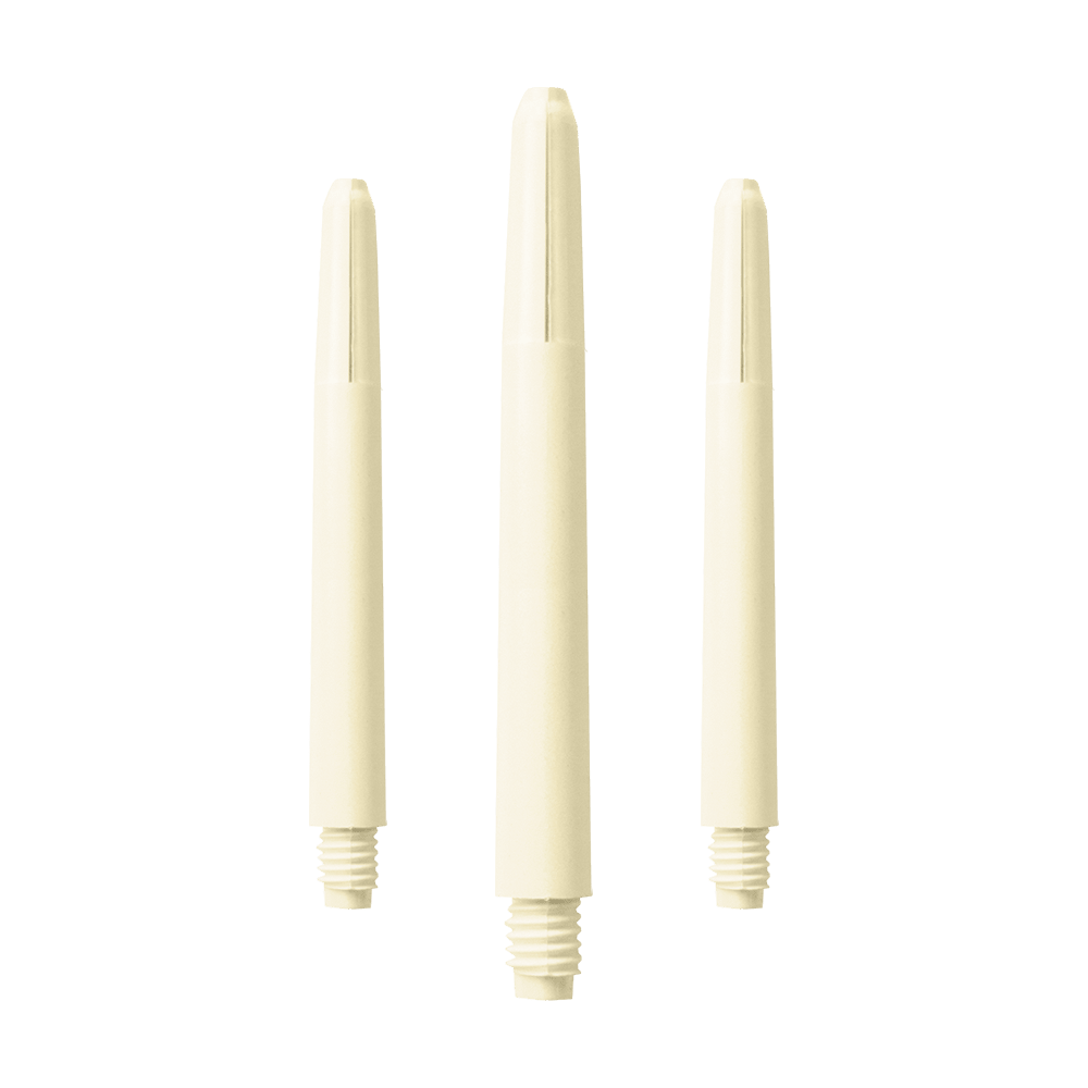 578_Nylon_Shafts_Naturweiss_48mm_1 Das Bild zeigt drei naturweiße Nylon-Schäfte für Dartpfeile. Sie sind in unterschiedlicher Länge dargestellt und haben ein Schraubgewinde am unteren Ende.