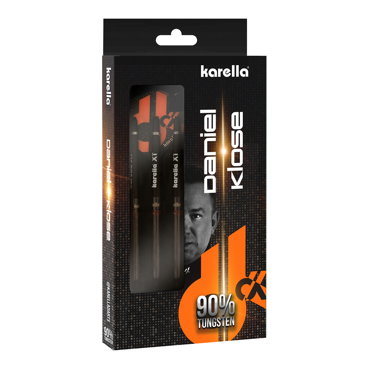 Karella Daniel Klose freccette morbide Auf dem Bild ist die Verpackung der „Karella Daniel Klose Softdarts“ zu sehen. Die Darts bestehen zu 90 % aus Tungsten und werden in einer schwarzen, auffällig gestalteten Box präsentiert.
