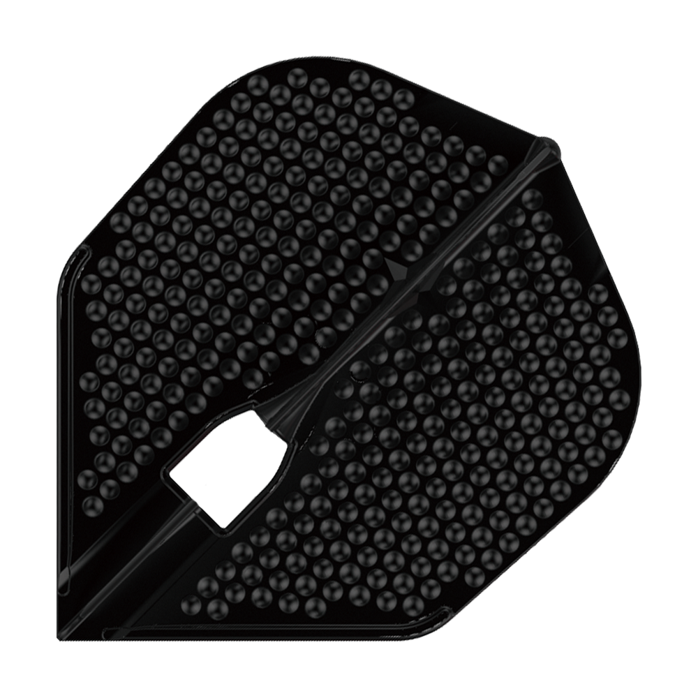 Alette stile L Dimple Champagne L3PRO Shape Das Bild zeigt ein schwarzes Dart-Flight mit Noppenstruktur. Es handelt sich um das Modell "L-Style Flights Dimple Champagne L3PRO Shape".
