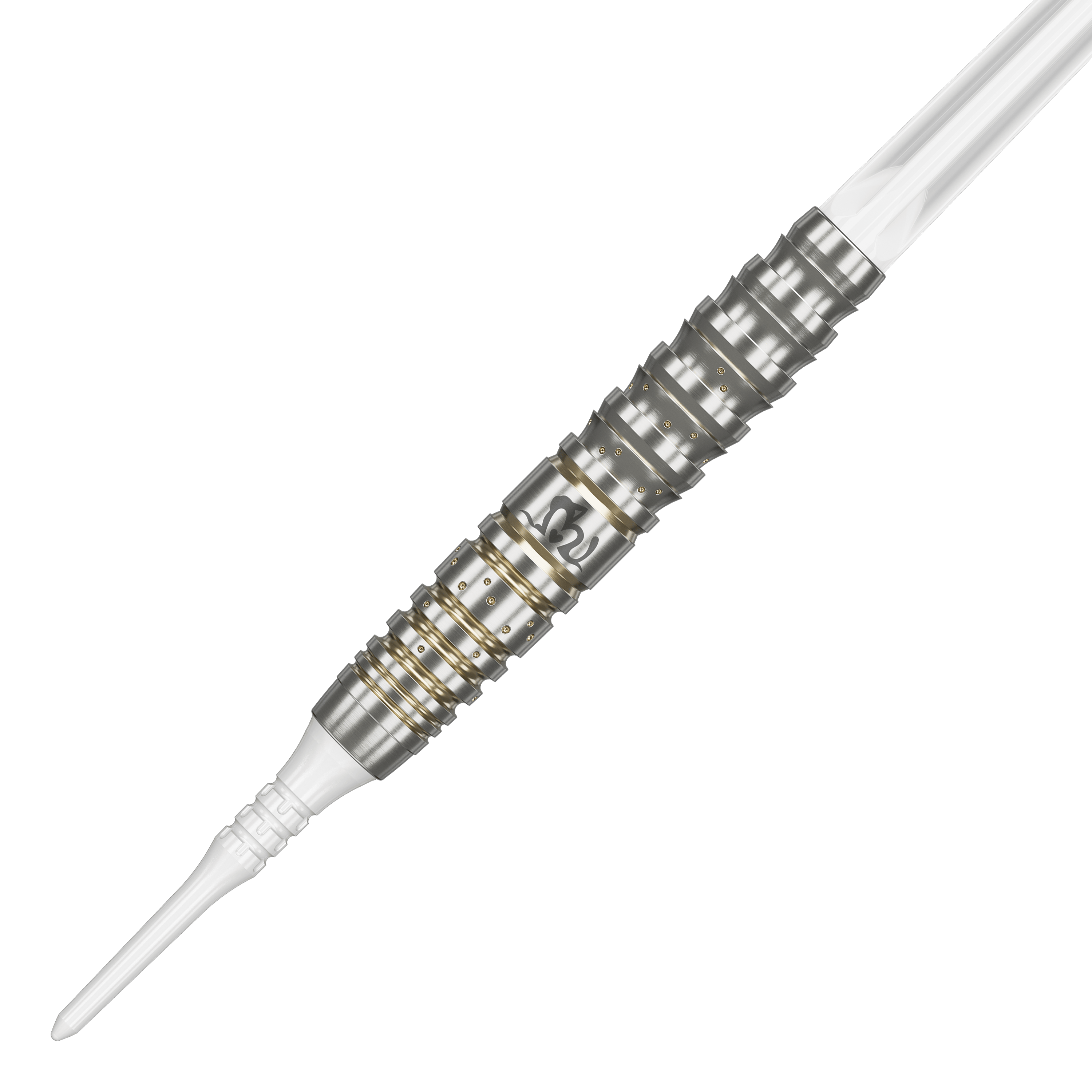 Target Japan Prime Series Mayujo Morita GEN6 Freccette morbide - 18 g Das Bild zeigt einen Softdart der Produktreihe "Target Japan Prime Series Mayujo Morita GEN6" mit 18 Gramm Gewicht. Der Dart ist silbern mit goldenen Ringen und hat eine weiße Spitze.