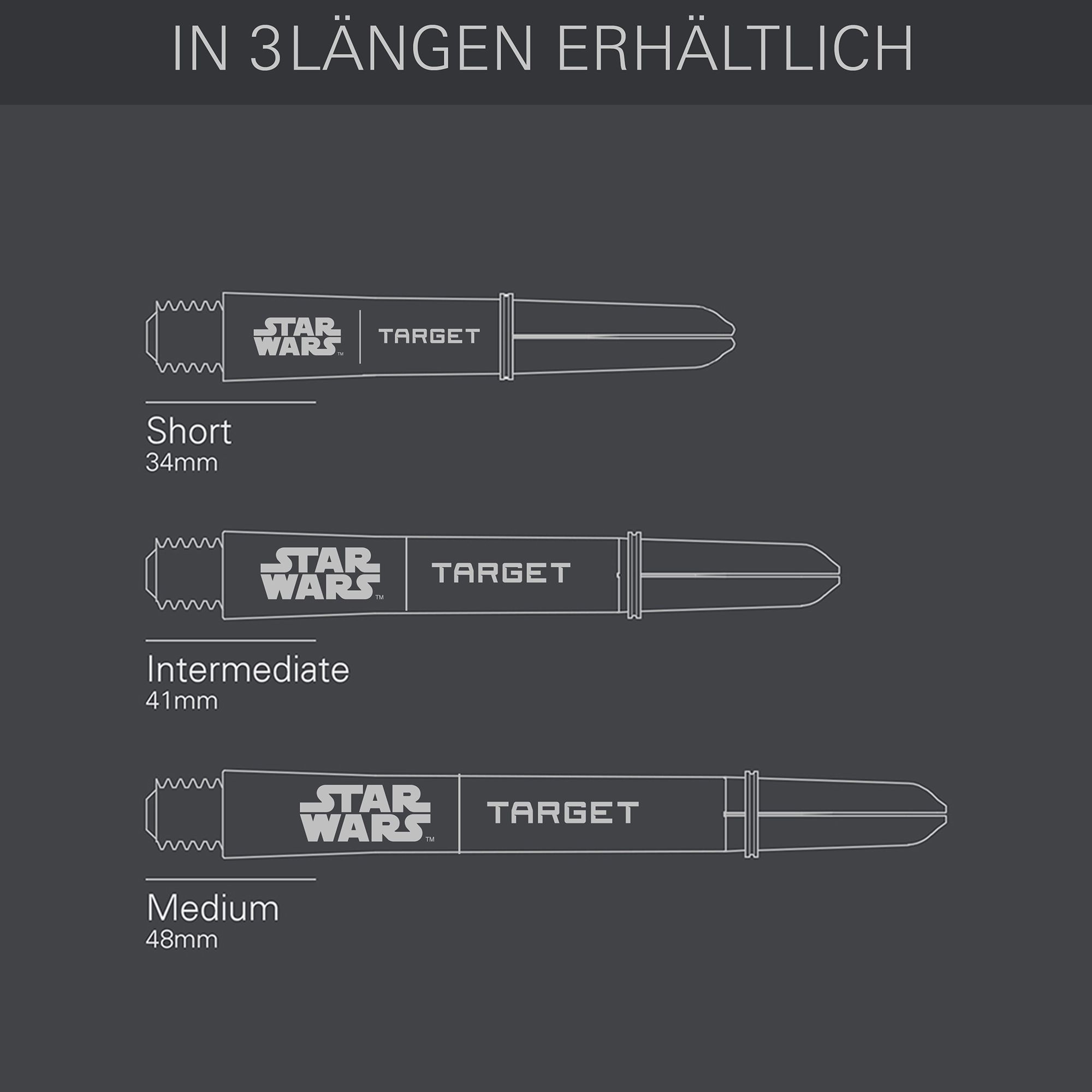 Aste Target Star Wars ProGrip - Grigio Target Star Wars ProGrip Shafts - Grau sind auf diesem Bild zu sehen. Die Dartschäfte sind in grauer Farbe dargestellt.