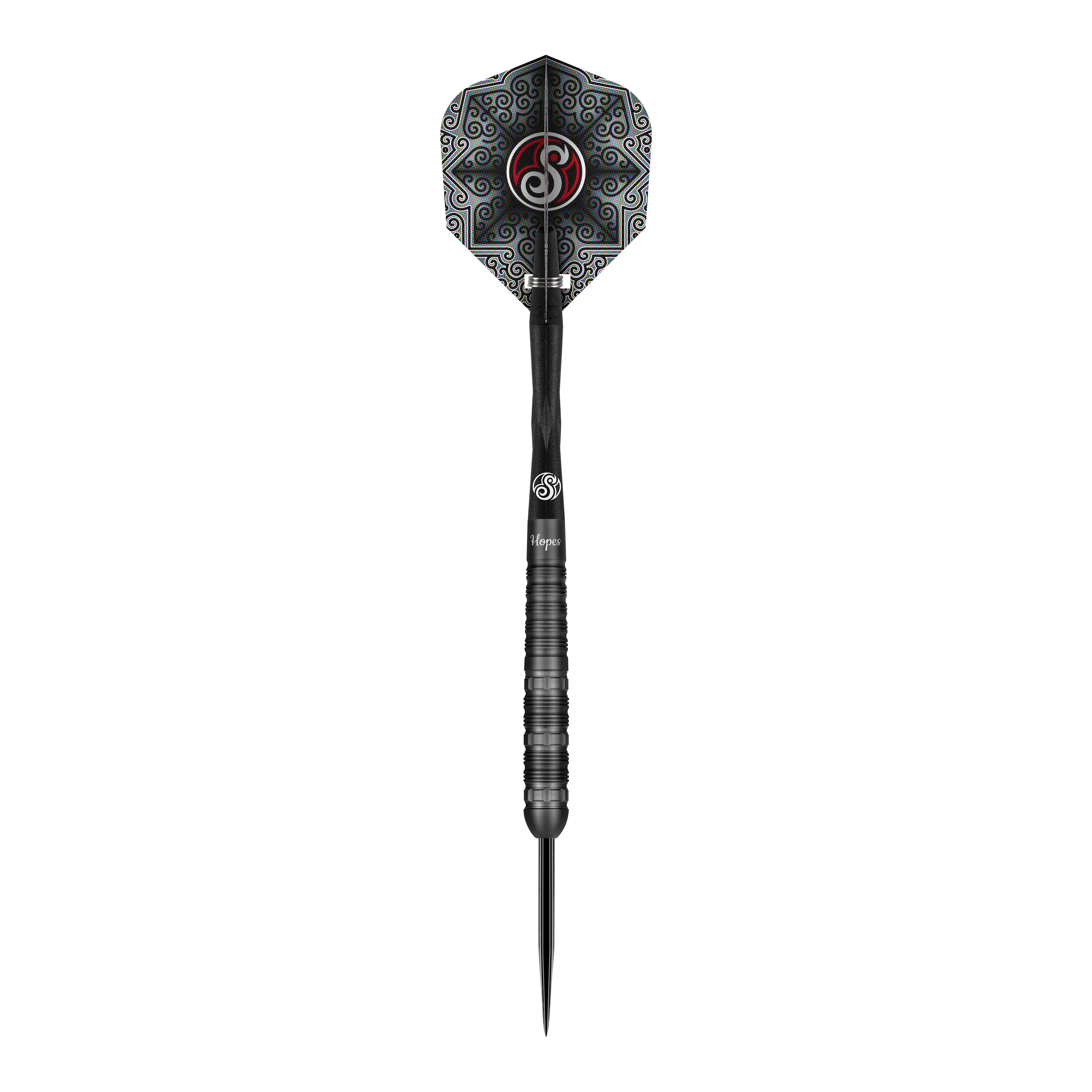 Shot Pro-Series Haupai Puha 2 freccette in acciaio - 24 g Das Bild zeigt einen Shot Pro-Series Haupai Puha 2 Steeldart mit einem Gewicht von 24g. Der Dart ist schwarz und hat ein auffälliges, gemustertes Flight-Design.