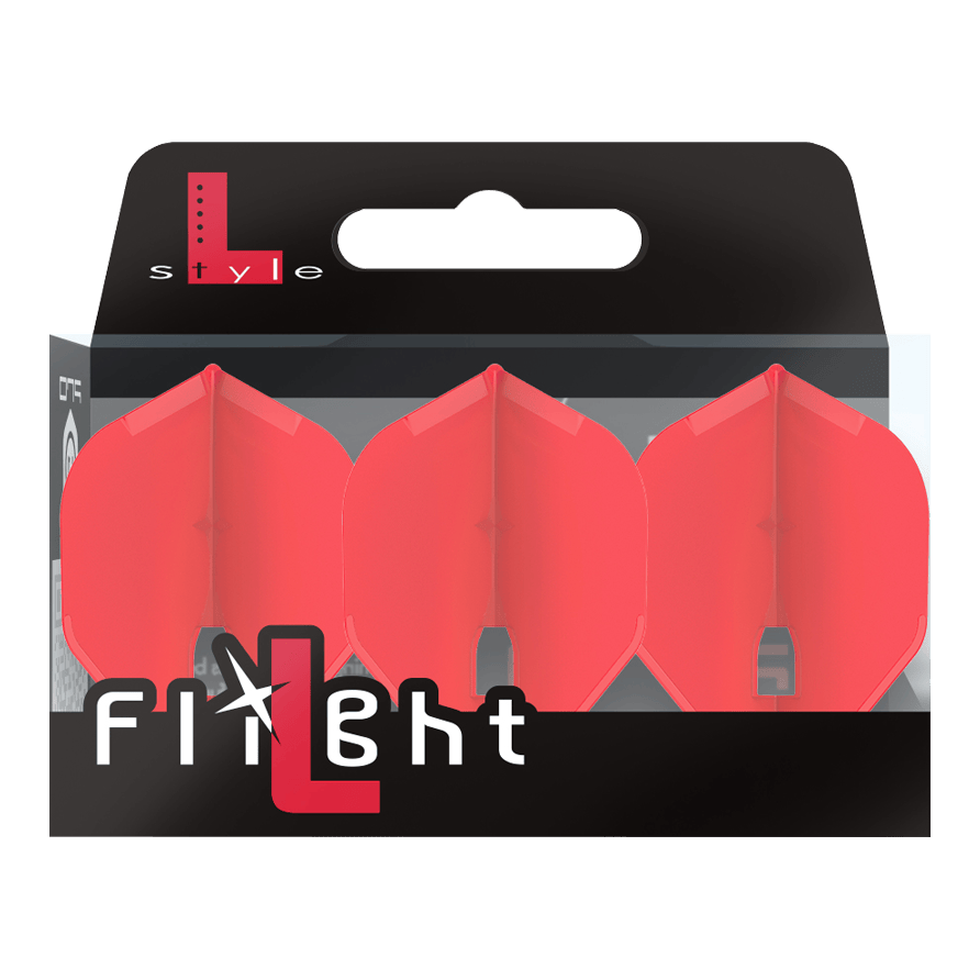 Alette stile L Champagne - L1PRO Standard Auf dem Bild ist eine Verpackung mit drei roten Dartflights zu sehen. Die Marke „L-Style“ und der Schriftzug „Flight“ stehen auf der Vorderseite der Packung.