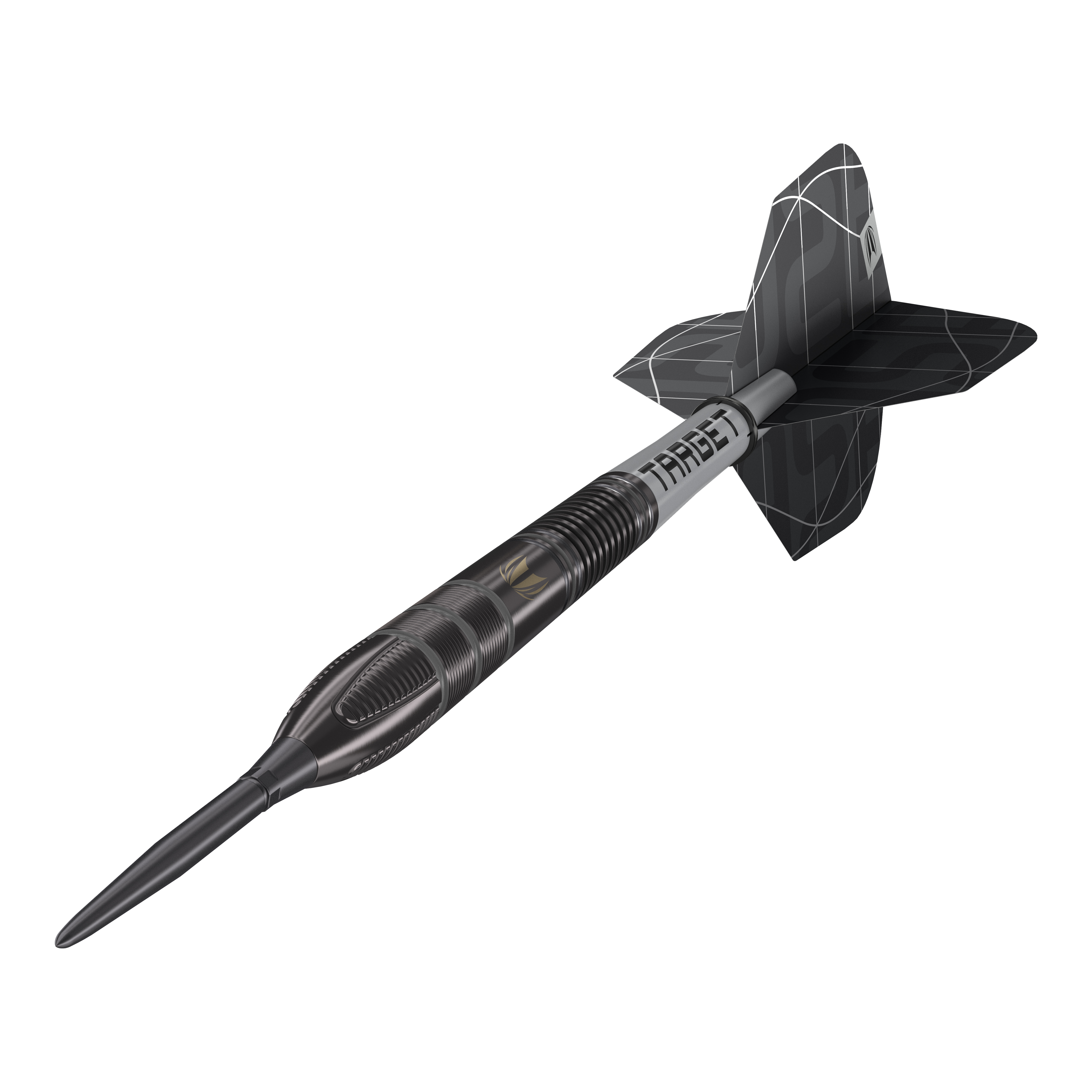 Freccette in acciaio Target Nathan Aspinall X Echo Swiss Point Das Bild zeigt einen Target Nathan Aspinall X Echo Swiss Point Steeldart. Der Dartpfeil ist schwarz-silbern und hat ein modernes, auffälliges Design.