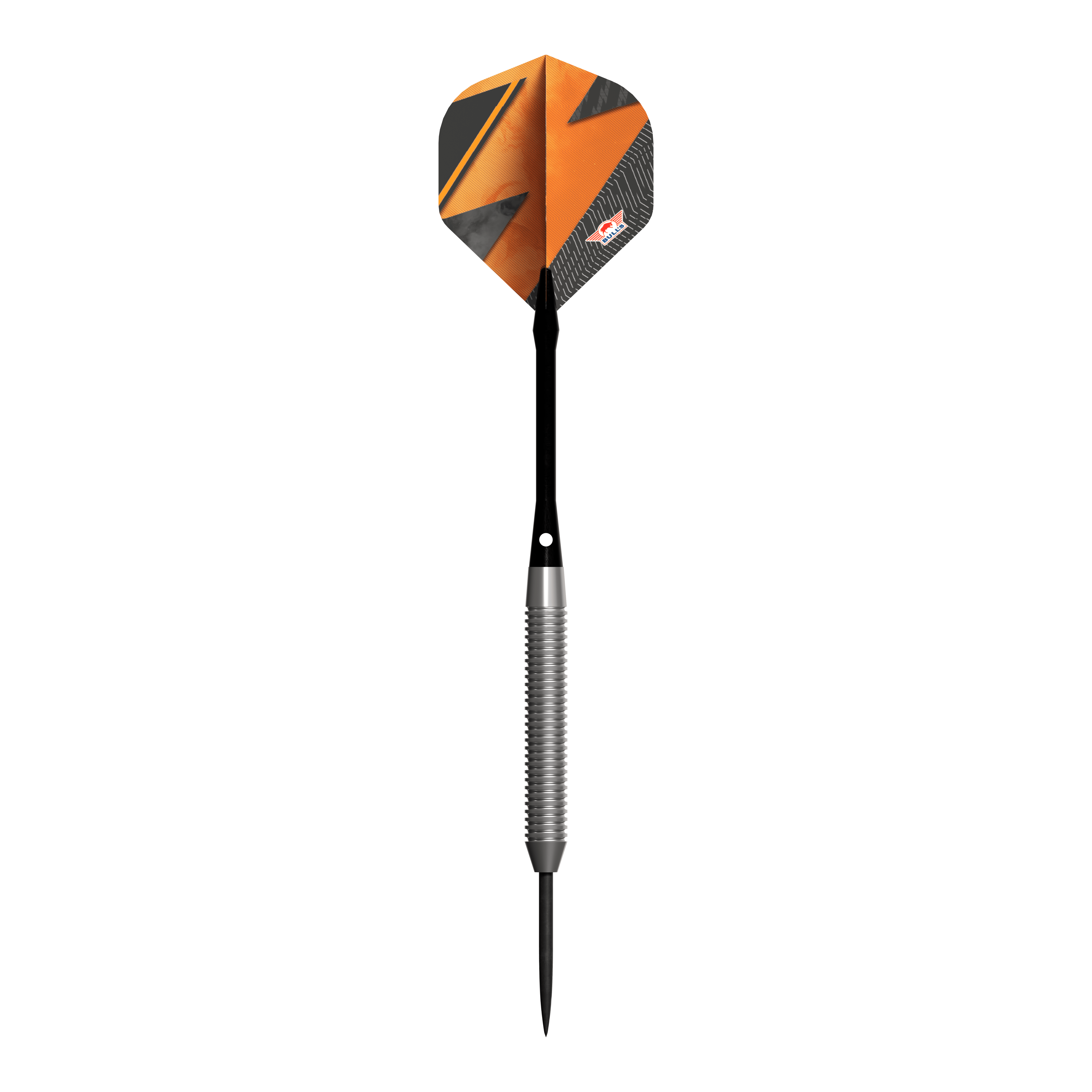 Bulls NL Lightning Freccette in acciaio arancioni Das Bild zeigt den Steeldart "Bulls NL Lightning Orange" mit einer auffälligen orangenen und schwarzen Flight. Der Schaft ist silberfarben und geriffelt, während die Dartspitze schwarz ist.