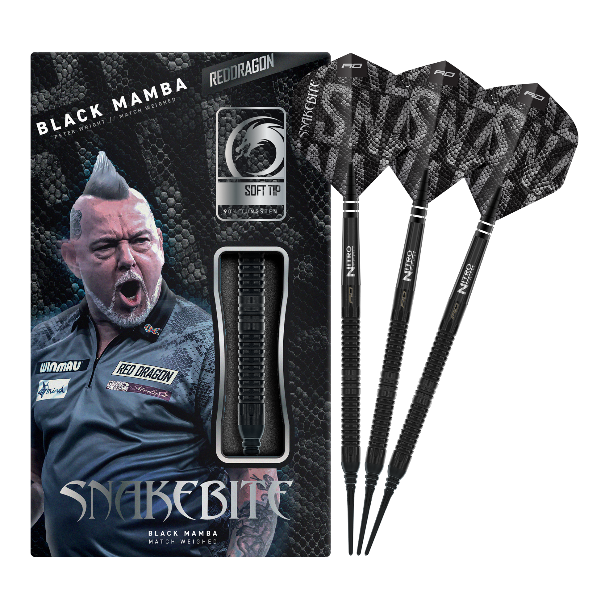Freccette morbide Red Dragon Peter Wright Snakebite Black Mamba - 20 g Auf dem Bild ist der Red Dragon Peter Wright Snakebite Black Mamba Softdart mit 20g zu sehen. Er überzeugt durch seine professionelle Verarbeitung und sein elegantes Aussehen.