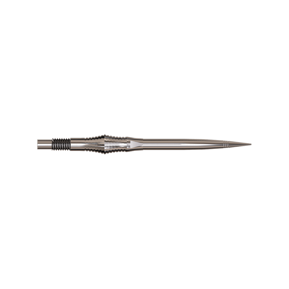 Spire Silver Elite Series Dartspitzen in 35mm werden gezeigt. Die Spitzen sind silberfarben und filigran.