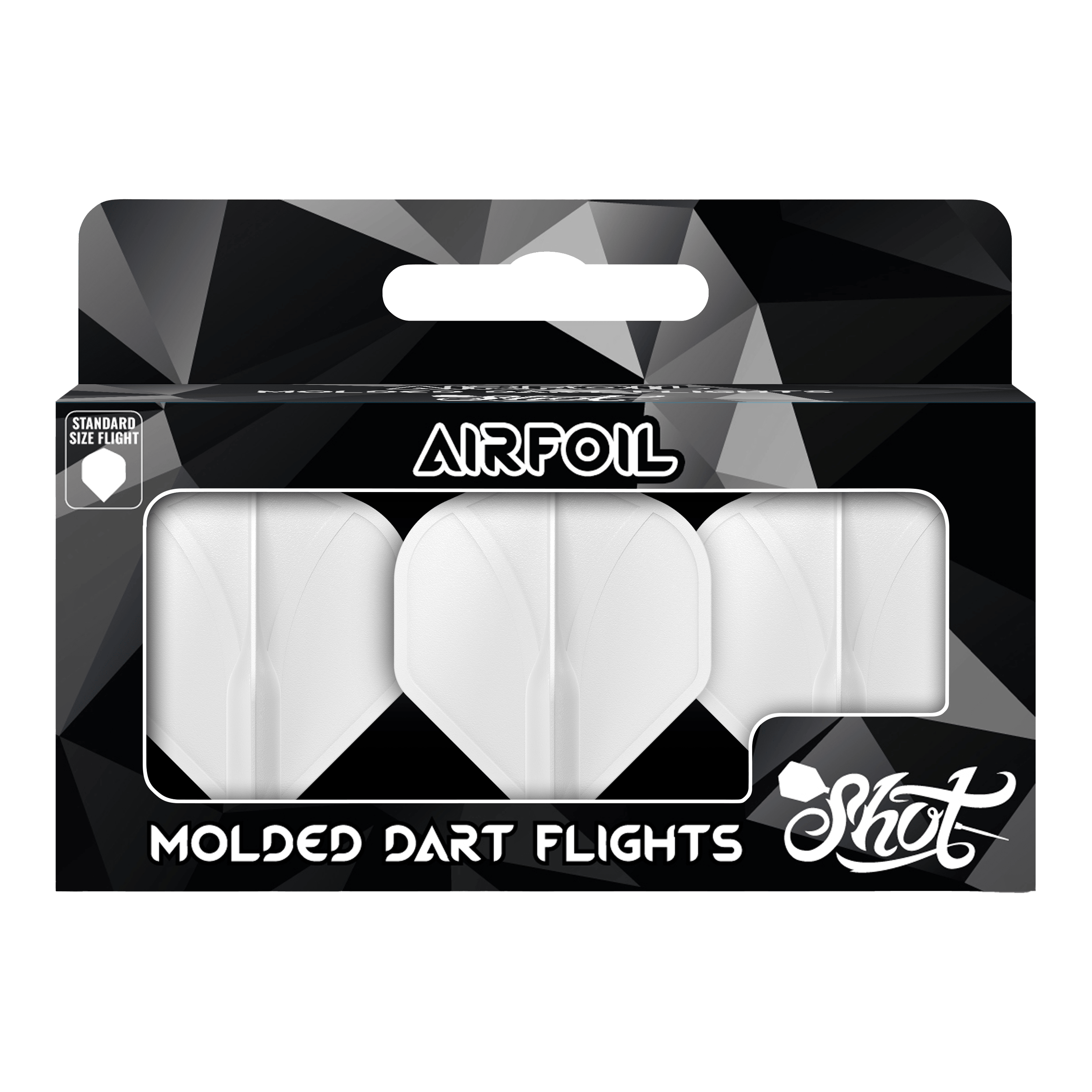 Alette standard n. 2 stampate con profilo alare Shot Die Verpackung zeigt drei weiße, geformte Dart-Flights der Marke Shot. Auf der Vorderseite steht „Airfoil – Molded Dart Flights“ in großen Buchstaben.