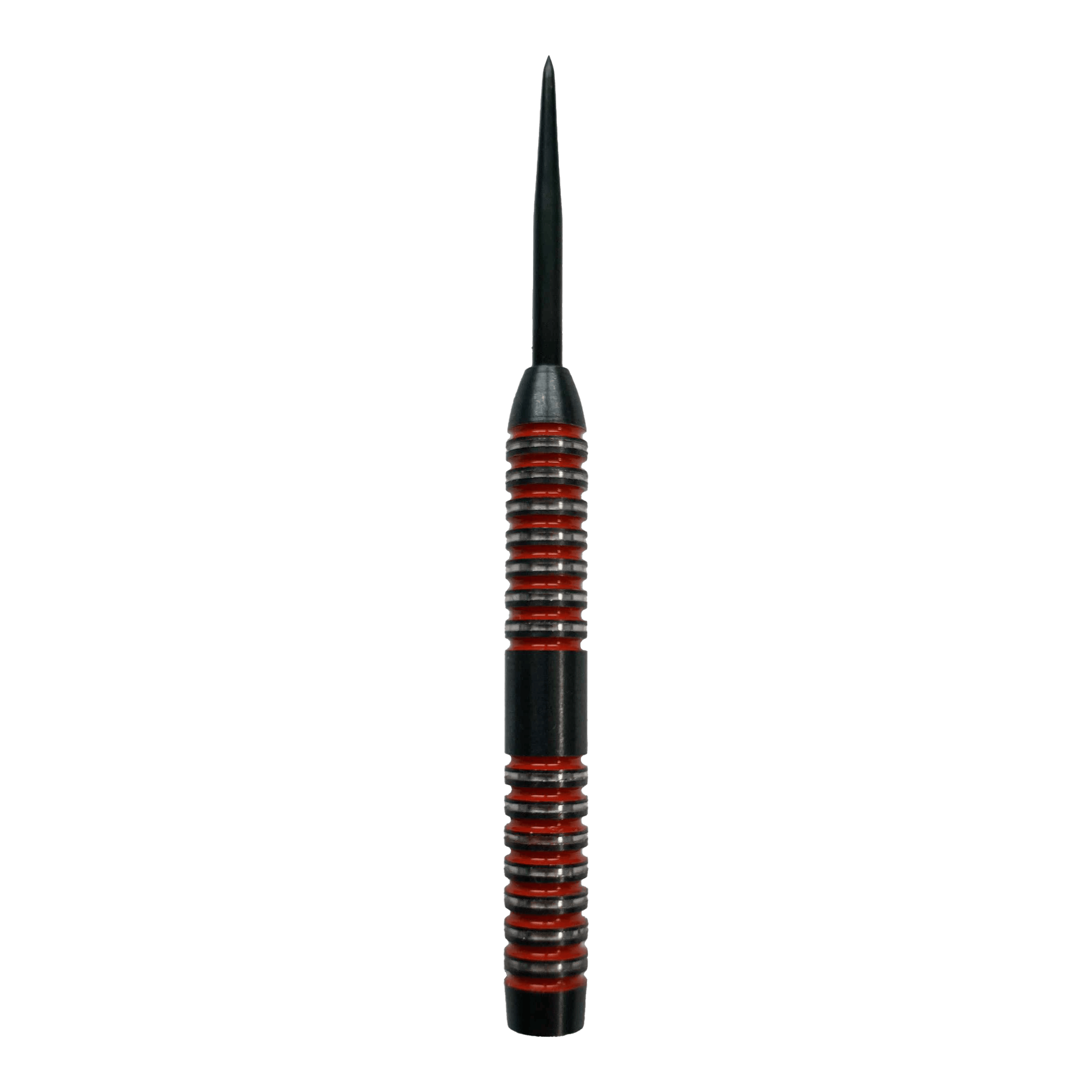 Barili McDart Crimson Steeldart Das Bild zeigt einen McDart Crimson Steeldart Barrel mit schwarzem und rotem Design. Der Barrel hat eine gerillte Oberfläche für besseren Halt.