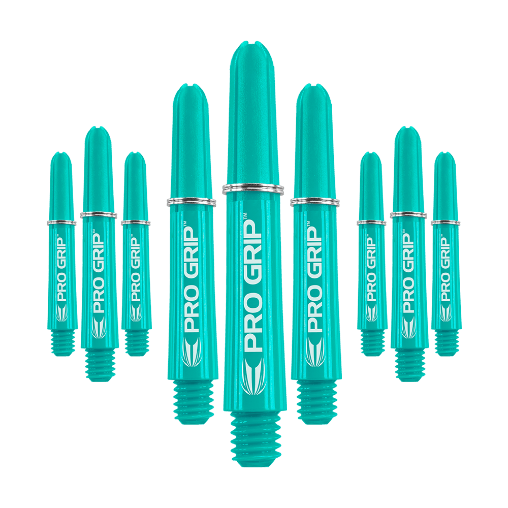 Target Pro Grip Shafts - 3 set - Aqua Das Bild zeigt neun türkisfarbene Dartschäfte mit der Aufschrift "PRO GRIP". Die Schäfte sind in einer Gruppe angeordnet und haben silberne Ringe.