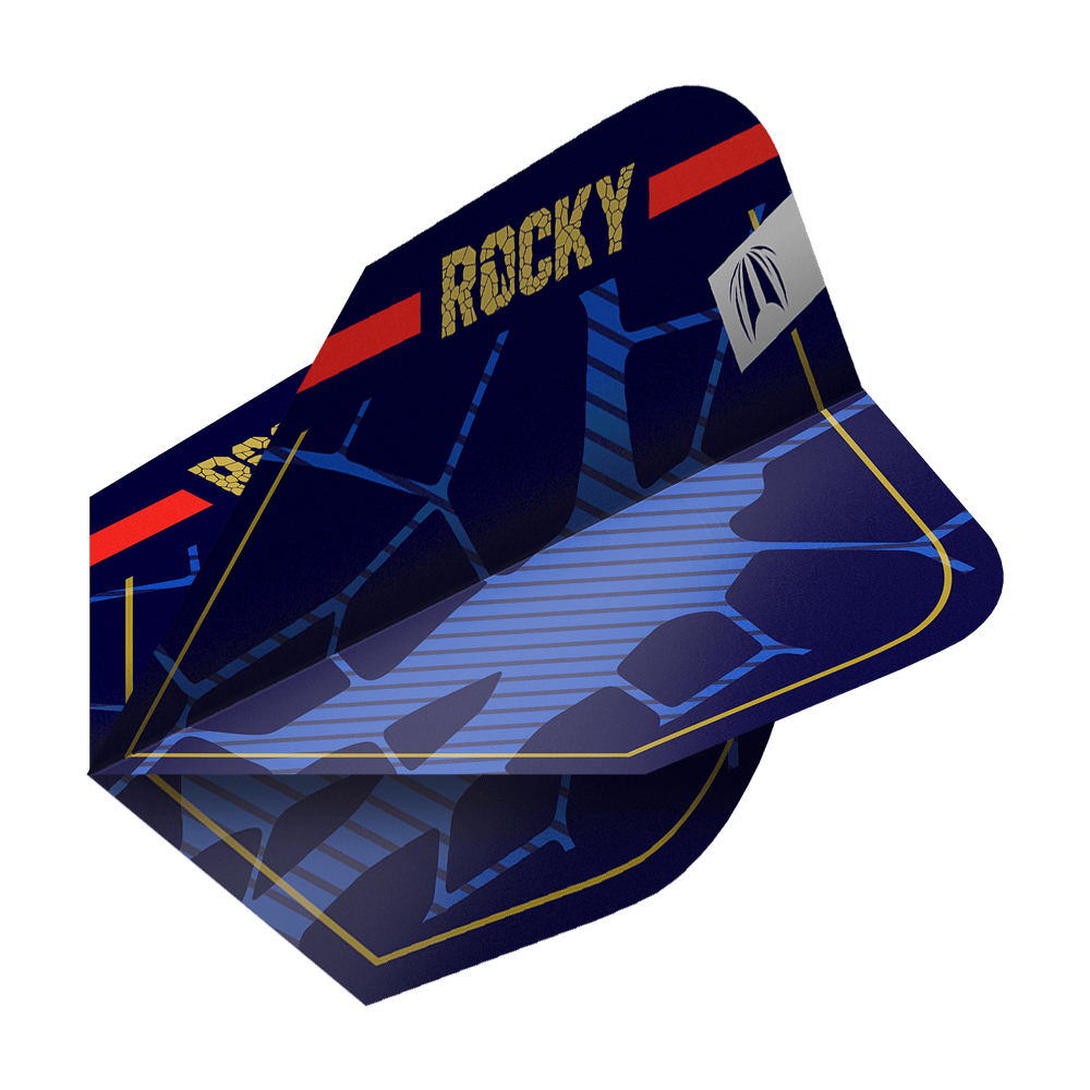 Target Pro Ultra Josh Rock GEN1 Ten-X Flights - 3 set Das Bild zeigt ein Set von blauen Dart-Flights mit dem Aufdruck "ROCKY" in goldener Schrift. Die Flights haben ein modernes Design mit blauen Linien und einem roten Streifen am oberen Rand.