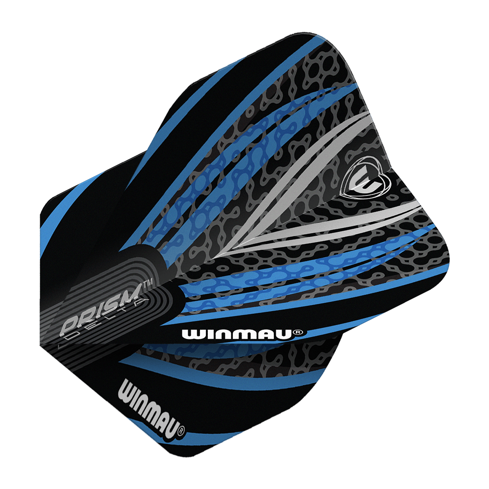 Voli standard Winmau Prism Delta Nero Bianco Blu n. 2 Das Bild zeigt ein Winmau Prism Delta Standard Dartflight in den Farben Schwarz, Weiß und Blau. Das Flight hat ein modernes, grafisches Design mit dem Winmau-Logo und auffälligen Mustern.