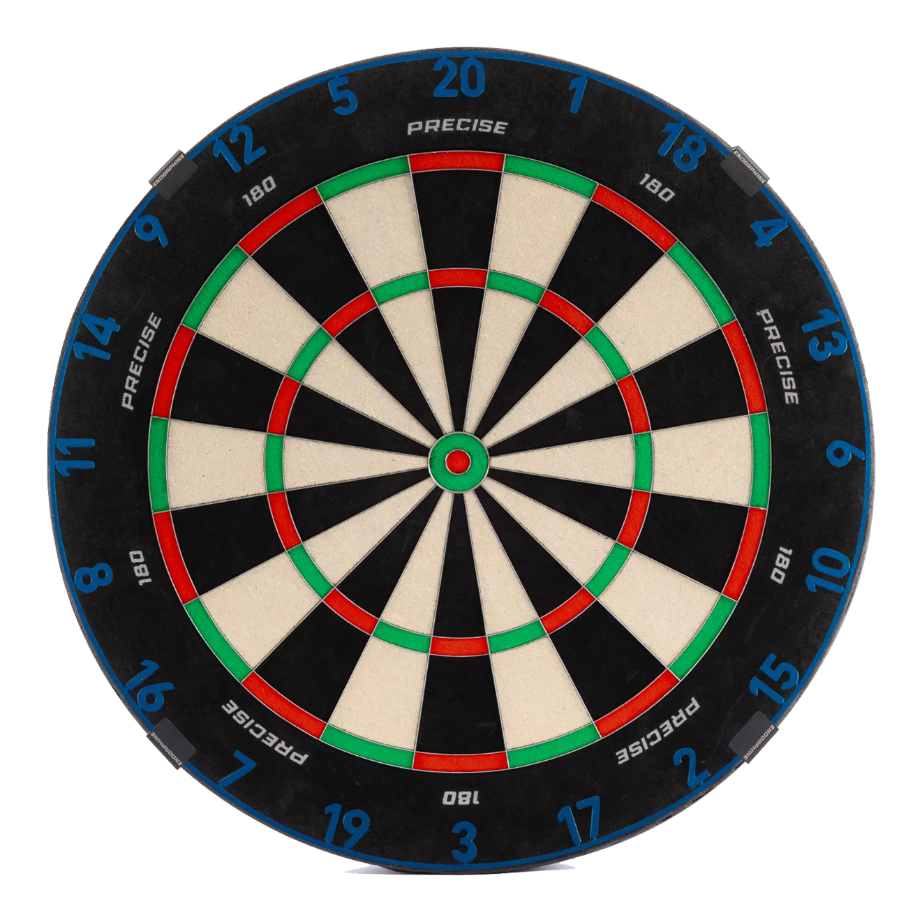 Das ist das Precise 180 Endorphine Steeldartboard mit Nummernring in Arctic Blue. Das Dartboard wird in leuchtendem Blau gezeigt.