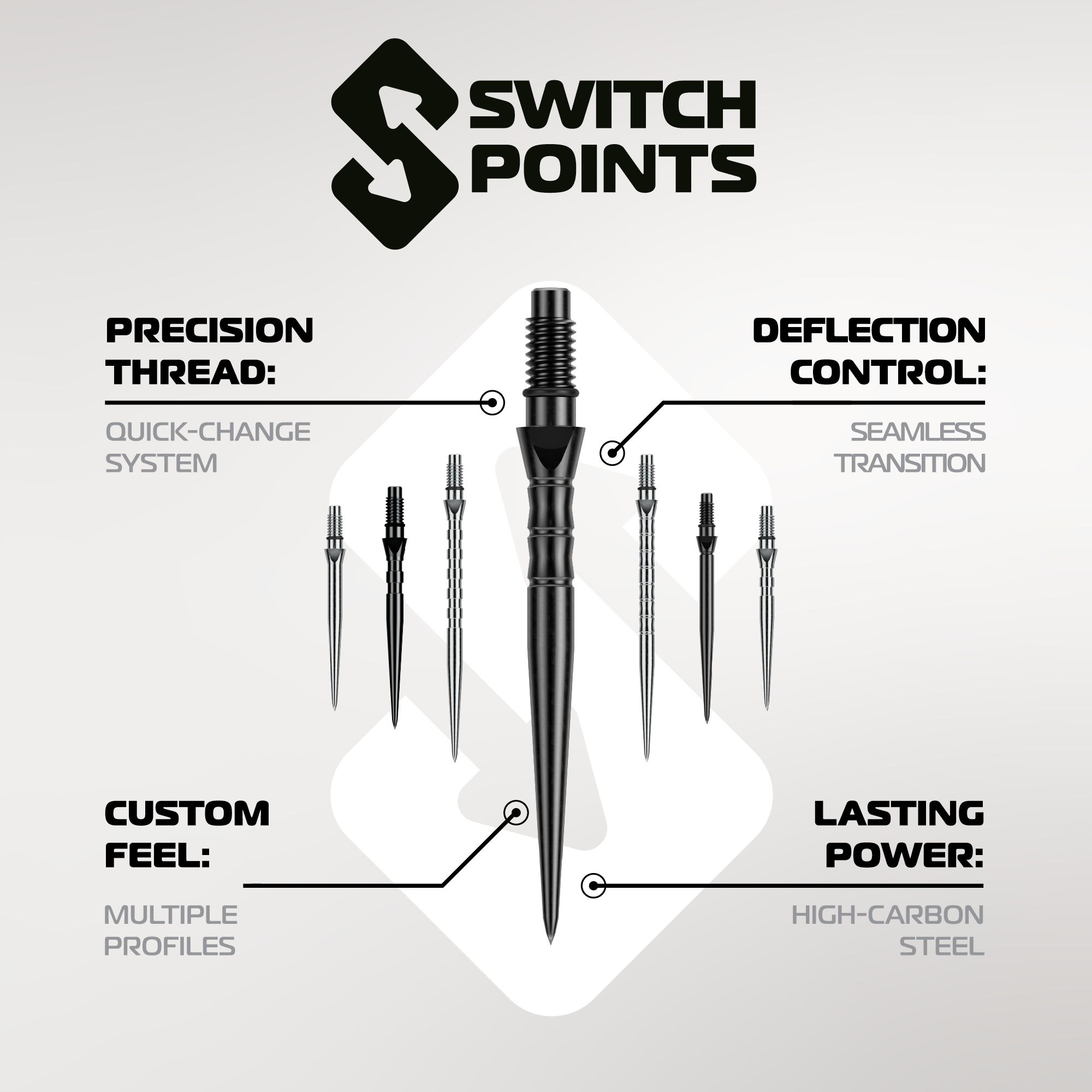 Punte per freccette in acciaio liscio Winmau Switch Point - Nero Abgebildet sind die Winmau Switch Point Smooth Steeldartspitzen - Silver Effect. Die Dartspitzen sind silberfarben und haben eine glatte Oberfläche.