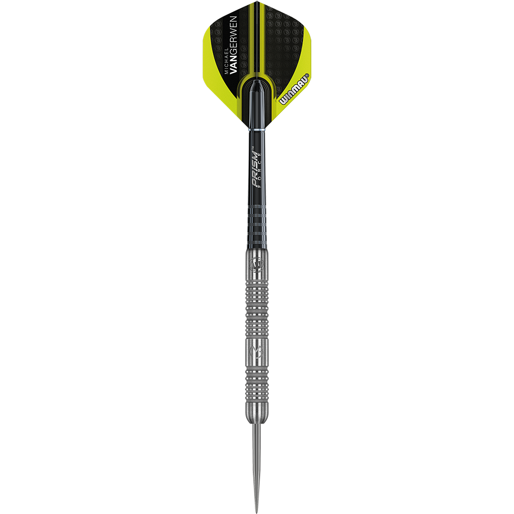 1443_Winmau_Michael_Van_Gerwen_MvG_Authentic_Steeldarts_1f2YRRNKDuH0eS Das Bild zeigt einen Winmau Michael Van Gerwen MvG Authentic Steeldart. Der Dartpfeil ist silberfarben mit schwarzen Akzenten und hat eine schwarz-gelbe Flight.