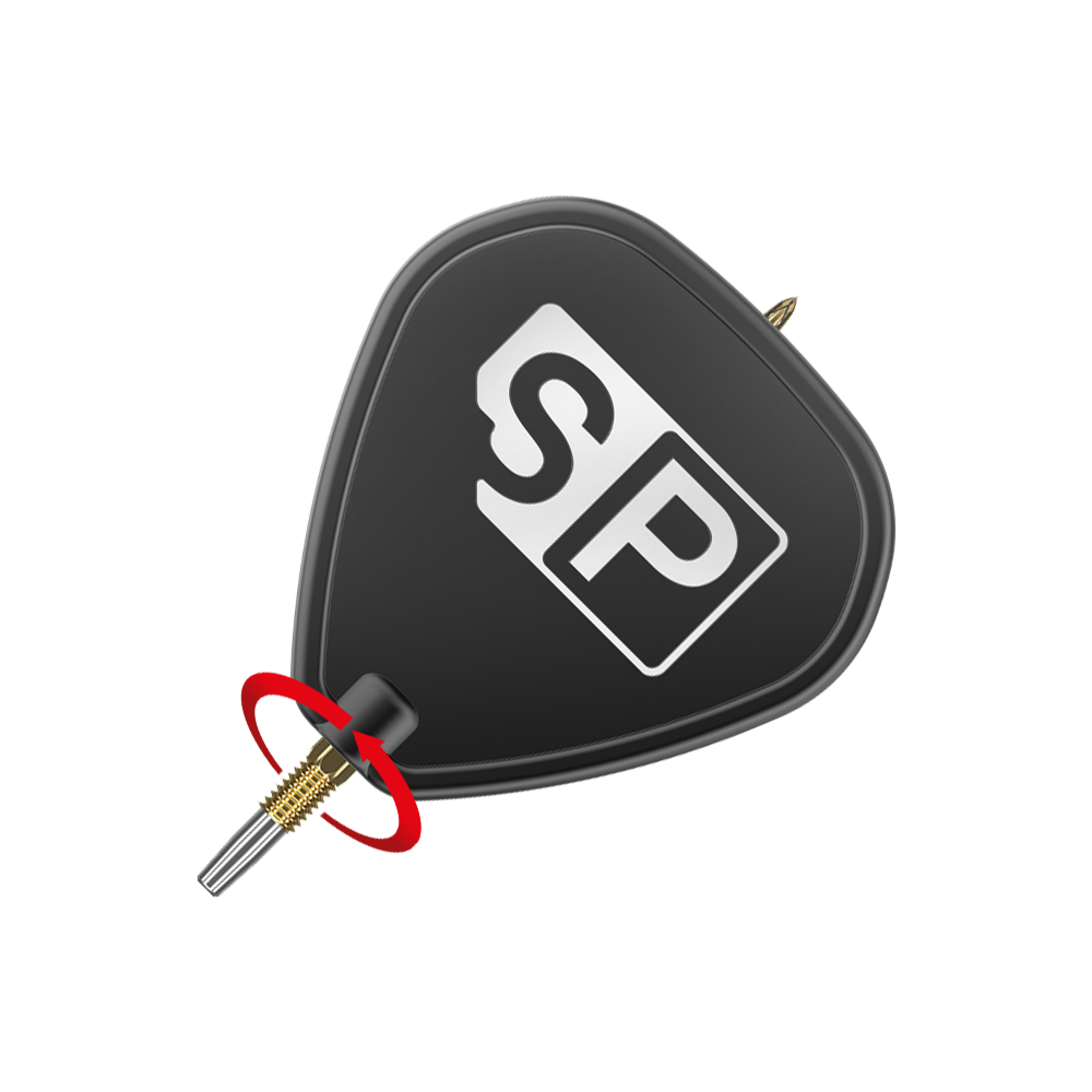 Punte per freccette Target Swiss Point DX - oro Das Bild zeigt eine schwarze Dartspitze mit der Aufschrift "SP" in weißen Buchstaben. Ein roter Pfeil deutet auf eine Drehbewegung an der goldenen Spitze hin.