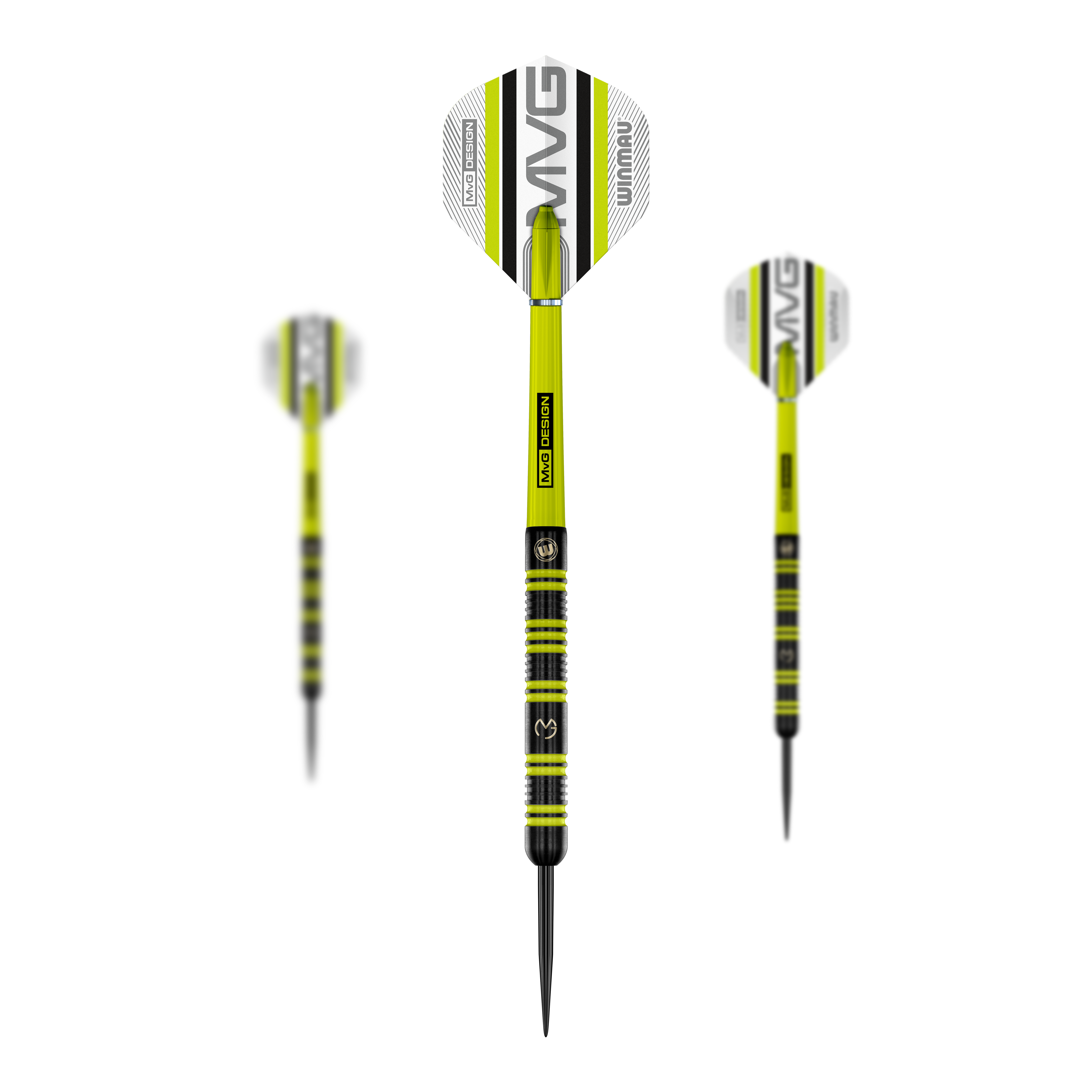 Freccette in acciaio Winmau Michael Van Gerwen 85 Pro-Series Das Bild zeigt drei Winmau Michael Van Gerwen 85 Pro-Series Steeldarts. Die Darts sind schwarz-gelb gestaltet und haben Flights mit dem Schriftzug "MVG" und "Winmau".