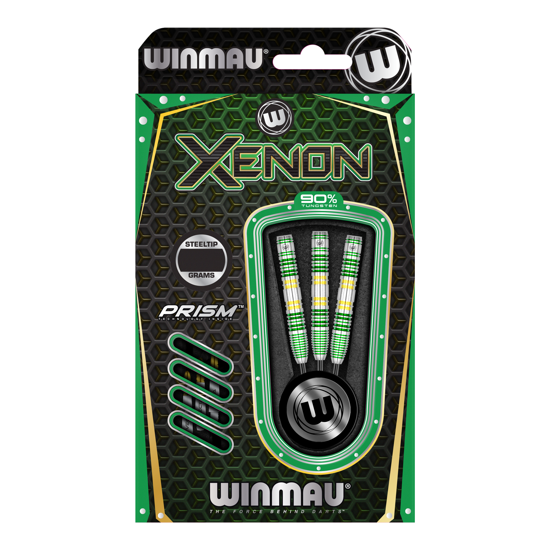 Freccette in acciaio Winmau Xenon Das Bild zeigt eine Packung Winmau Xenon Steeldarts. Die Verpackung ist überwiegend schwarz-grün und enthält drei Darts mit bunten Griffen.