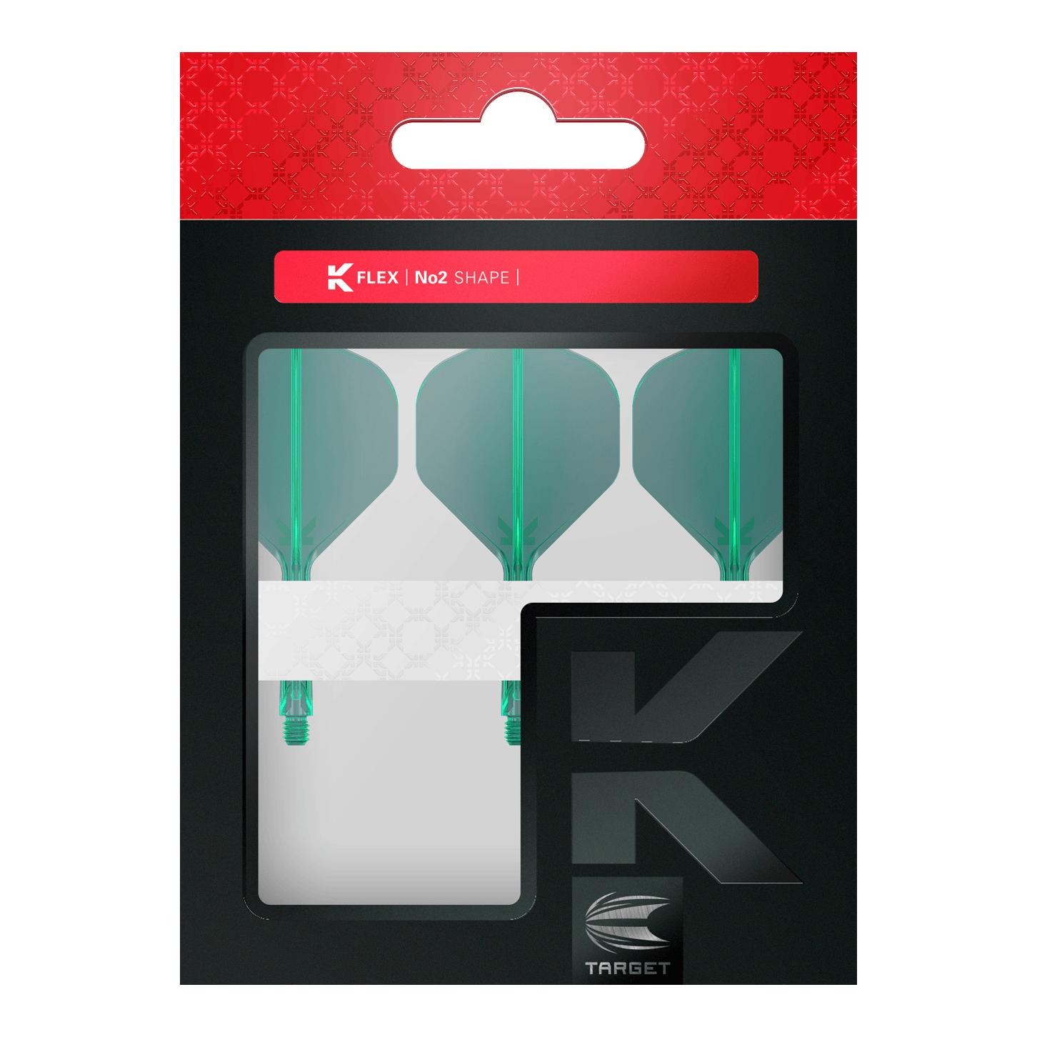 Target K-Flex No2 Standard Flight System - Verde Dies ist eine Packung mit drei grünen Dartflights der Marke Target. Die Verpackung ist schwarz mit einem roten oberen Rand und einem Sichtfenster.