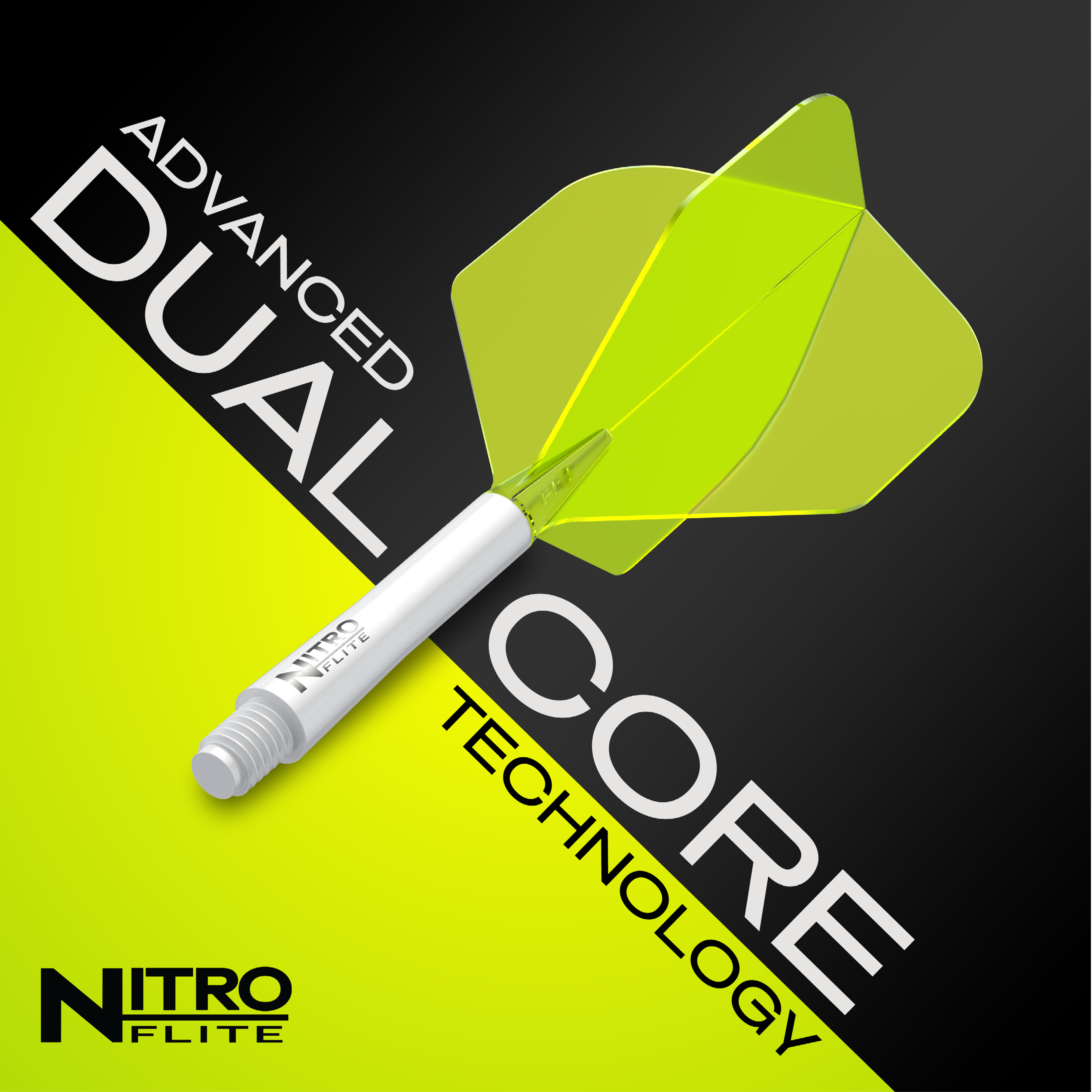 Nitroflite Red Dragon - Asta Bianca Gialla N. 2 Voli Das Bild zeigt das Produkt "Red Dragon Nitroflite - White Shaft Yellow No2 Flights" mit einem weißen Schaft und gelben Flights. Im Hintergrund steht der Text "Advanced Dual Core Technology".