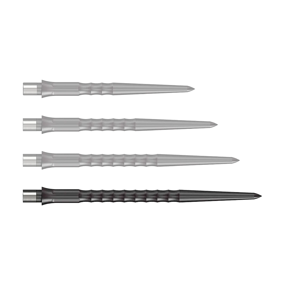 Punte Caliburn System Steeldart - Ripple - NoLip - Nere Abgebildet sind schwarze Steeldartspitzen des Caliburn Evo Systems mit 40 mm Länge. Die Steeldartspitze ist einzeln auf weißem Hintergrund zu sehen.