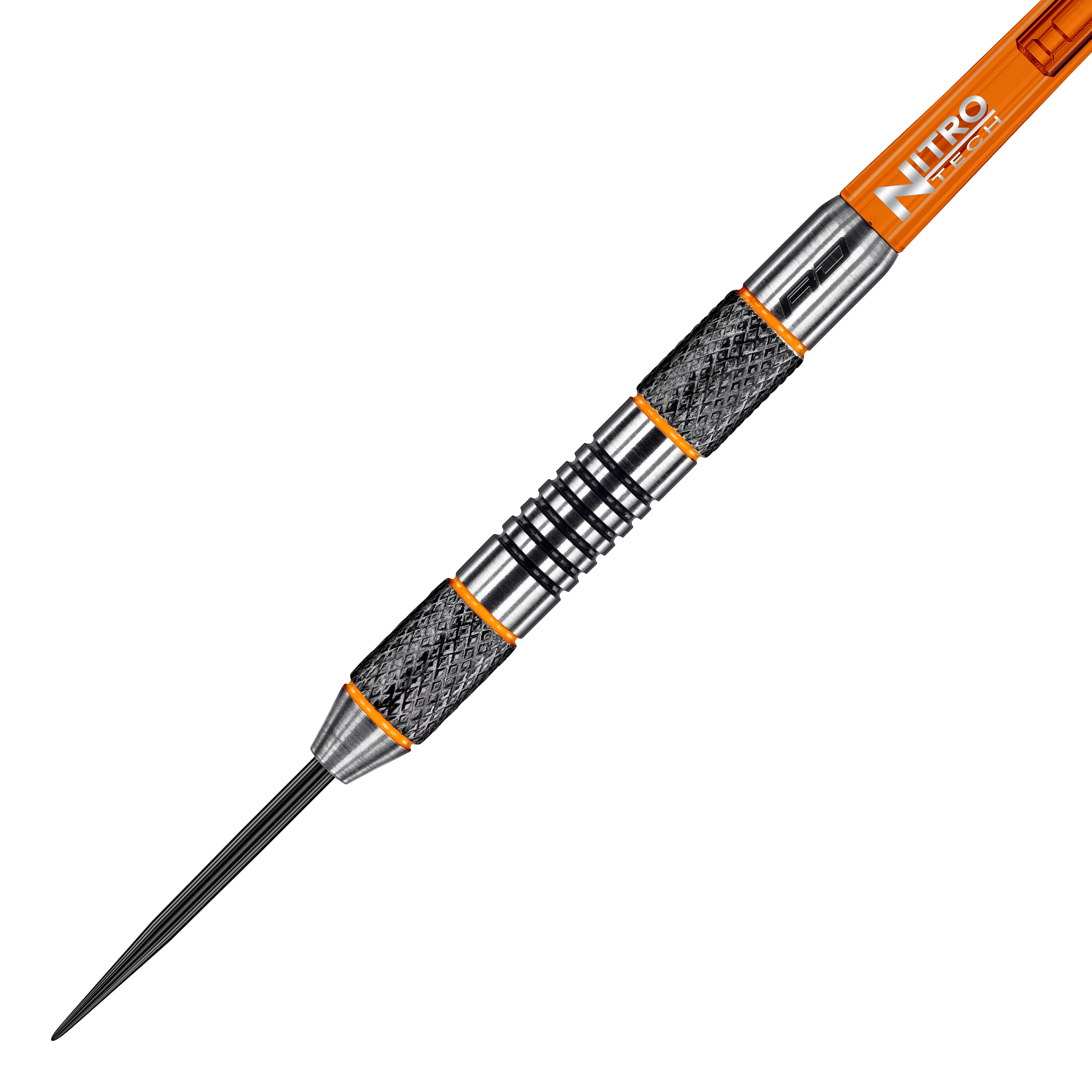 Red Dragon Amberjack 5 freccette in acciaio - 24 g Dies ist ein Red Dragon Amberjack 5 Steeldart mit einem Gewicht von 24 Gramm. Der Dart hat ein silbernes und schwarzes Design mit orangenen Akzenten und einem Nitro Tech Schaft.