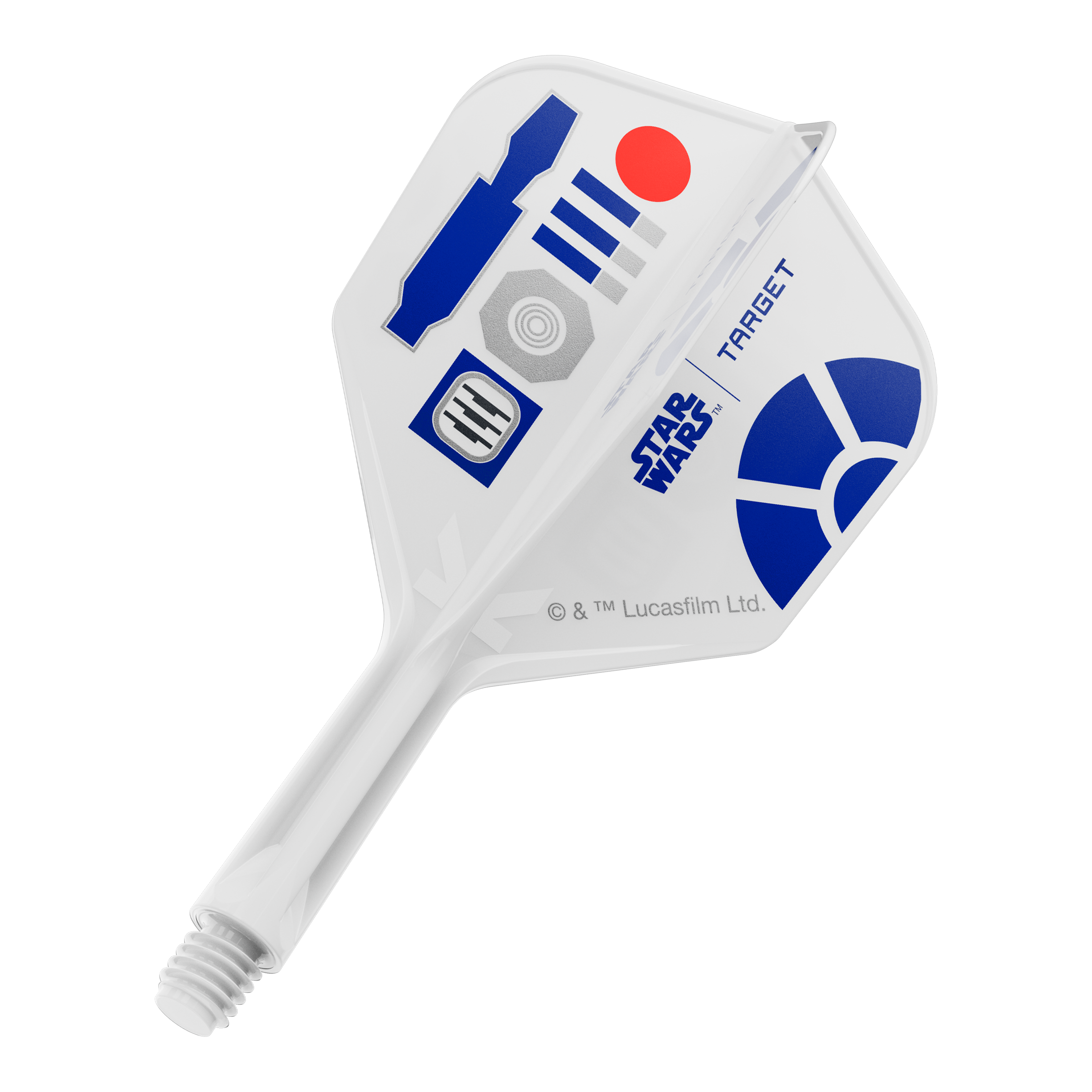Voli Target Star Wars K-Flex R2D2 No6 Das Bild zeigt Dart-Flights mit einem R2D2 Motiv und der Bezeichnung 410510_Target_StarWars_KFlex_R2D2_No6_Flights_Short_19mm_1. Es handelt sich um kurze Dart-Flights im Star Wars Stil.