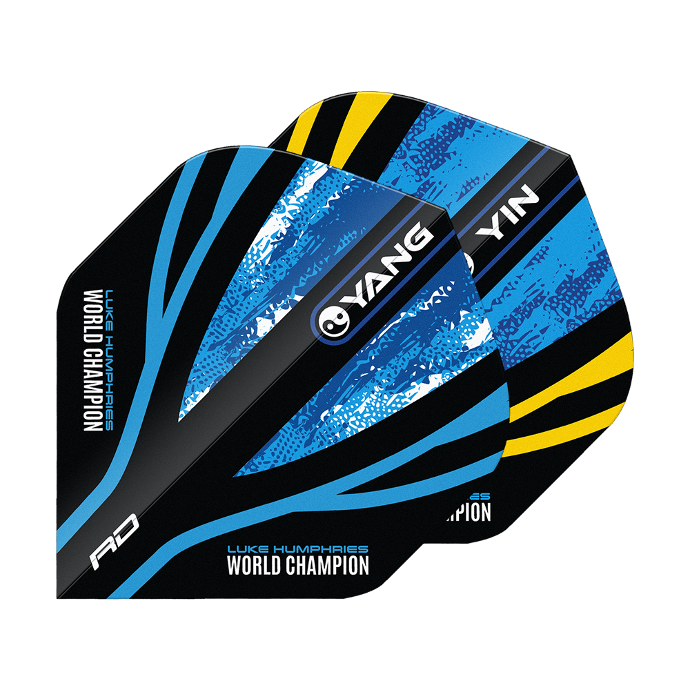 Red Dragon Luke Humphries Campione del mondo Blue Gold Yin Yang Voli standard Das Bild zeigt die "Red Dragon Luke Humphries World Champion Blue Gold Yin Yang Standard Flights". Die Flights sind in Blau, Schwarz und Gelb gestaltet und tragen die Aufschrift "World Champion" sowie "YIN" und "YANG".