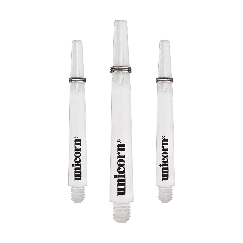 Unicorn Gripper 3 Mirage Shafts - Trasparente - 44,2 mm Das Bild zeigt drei transparente Unicorn Gripper 3 Mirage Shafts mit einer Länge von 44,2 mm. Auf jedem Schaft steht das Wort "unicorn" in schwarzer Schrift.
