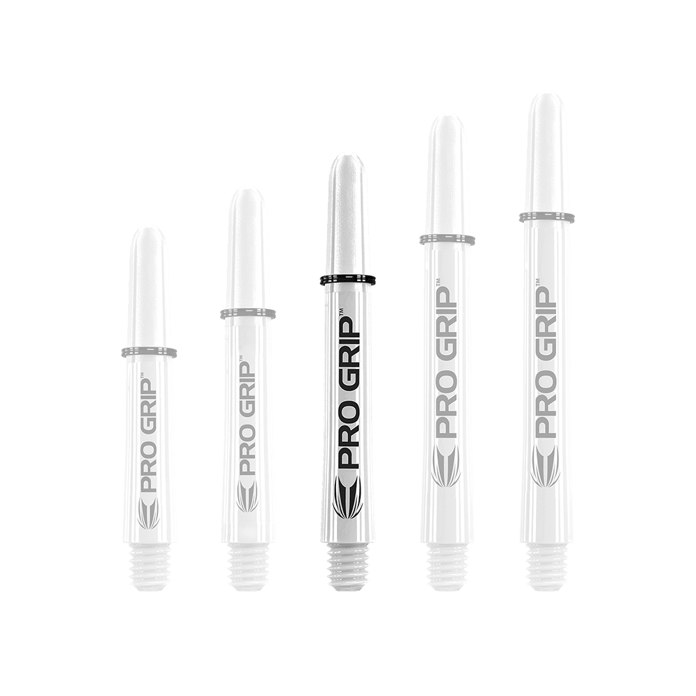 Target Pro Grip Shafts - 3 set - Bianco Das Bild zeigt fünf weiße Dartschäfte mit der Aufschrift "PRO GRIP". Sie sind in einer Reihe nach ihrer Länge sortiert.