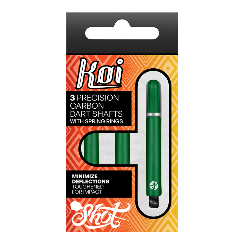 Aste Shot Koi Carbon - Verde Vier Dart-Schäfte sind aufgereiht. Die Details der Schäfte sind klar und deutlich.