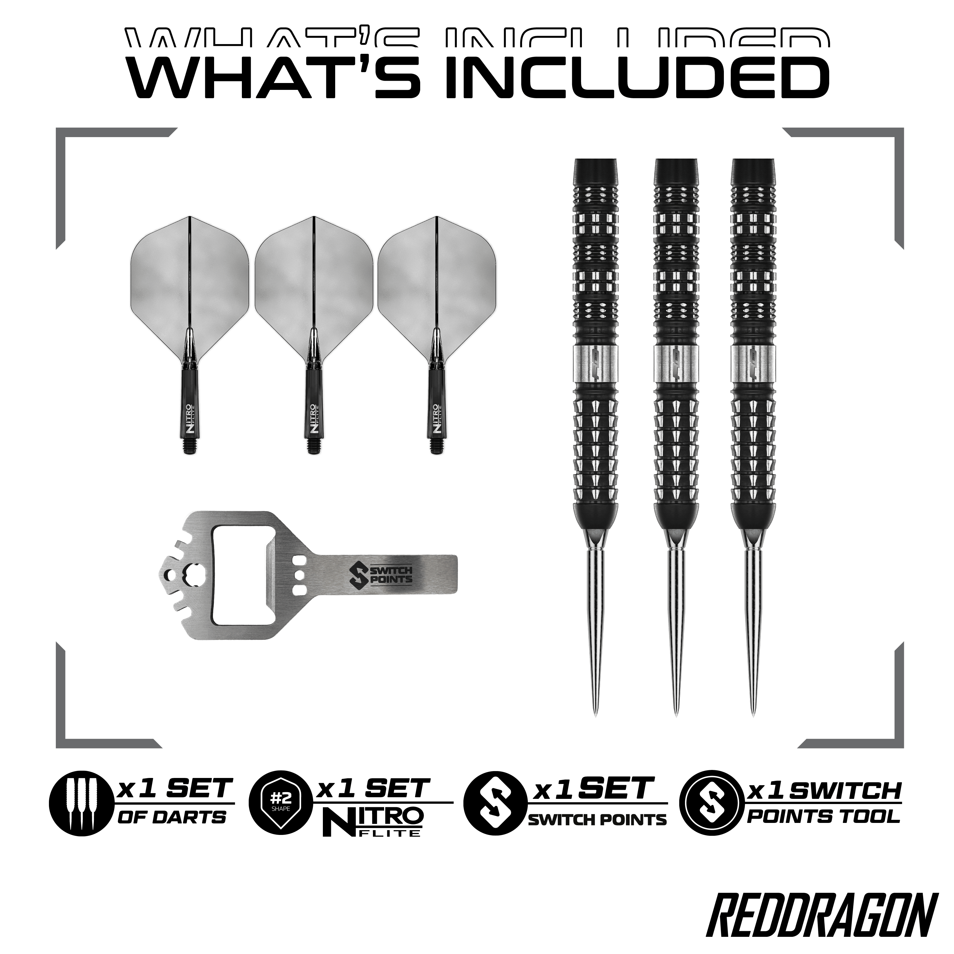 Dardi d'acciaio paralleli Red Dragon Recon Das Bild zeigt Red Dragon Recon Parallel Steeldarts. Es handelt sich um hochwertige Steeldarts mit einem modernen Design.