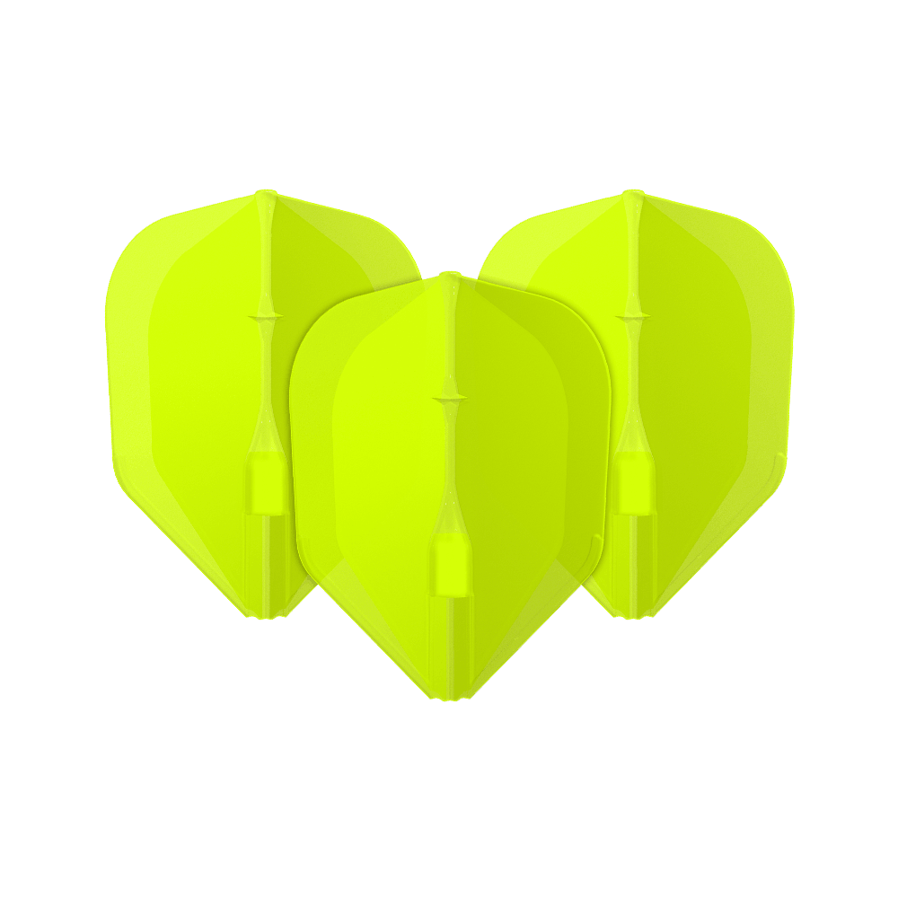 Voli L-L-Style3EZ Das Bild zeigt drei neon-gelbe Dartflights. Sie stehen nebeneinander und haben eine klassische Pfeilform.