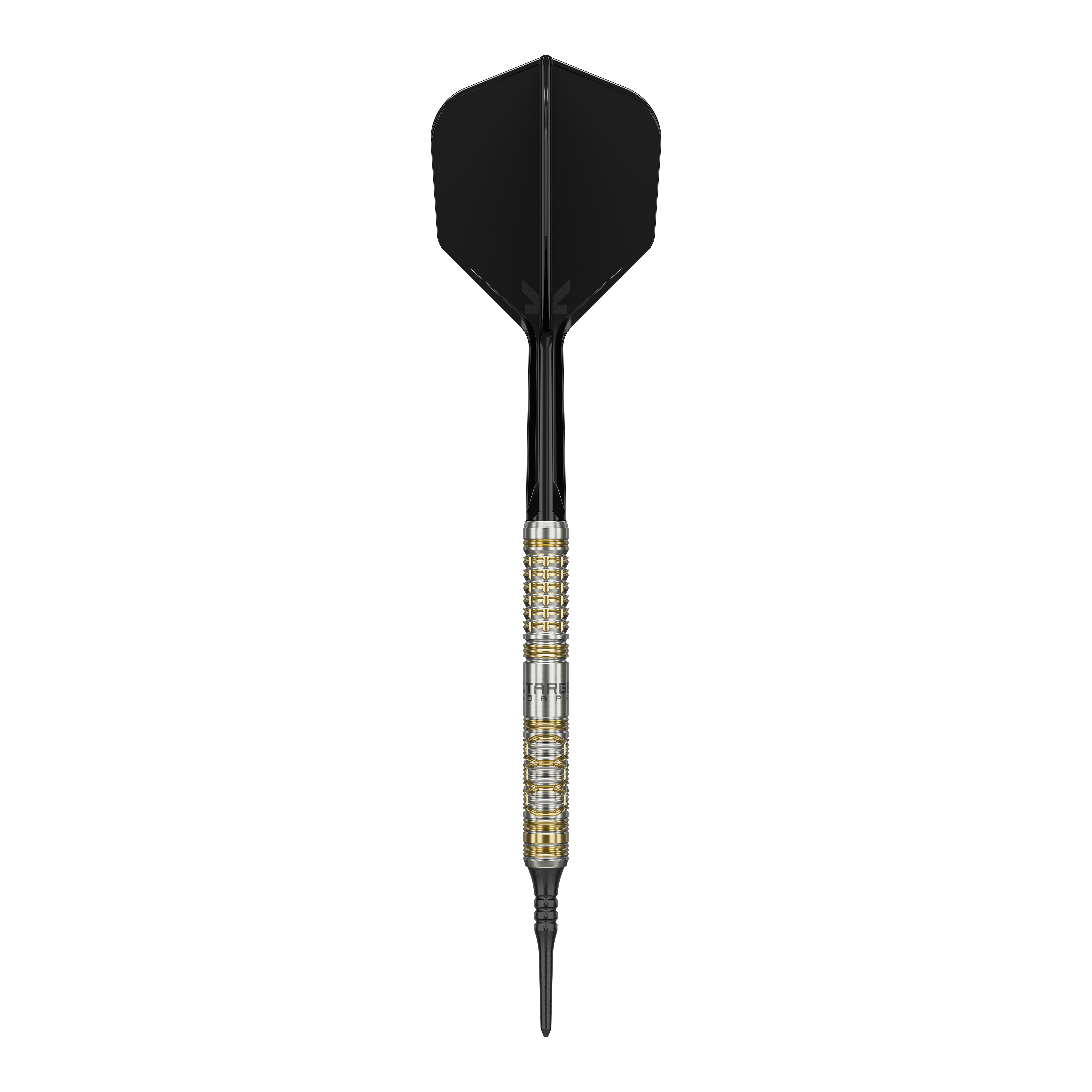 Target Japan Black Marque Reyn GEN2 Freccette morbide - 17,5 g Auf dem Bild ist ein Softdartpfeil des Modells "Target Japan Black Marque Reyn GEN2 Softdarts - 17,5g" zu sehen. Er hat eine silberne und goldene Griffzone sowie schwarze Flights und Spitze.