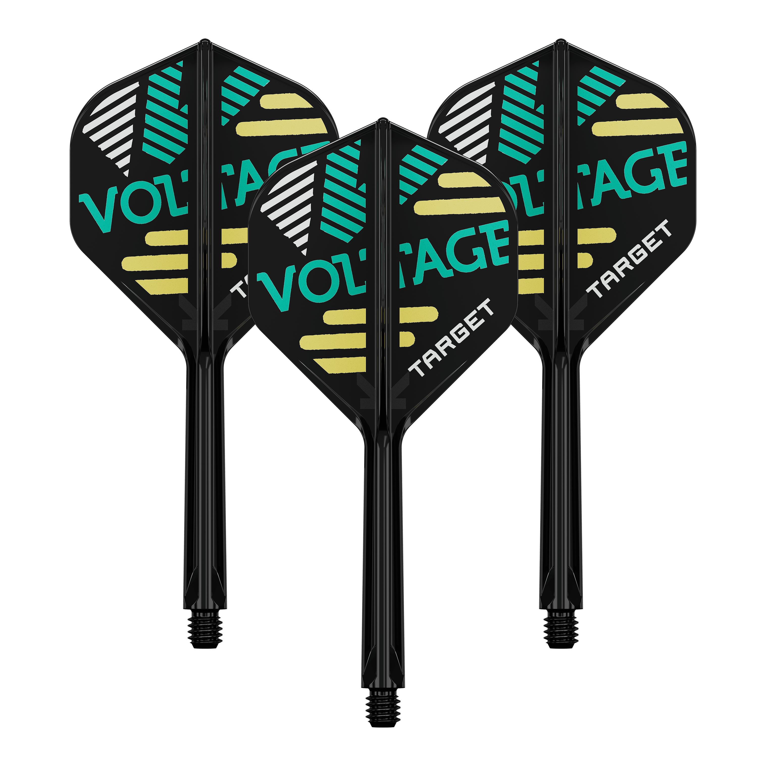 Sistema di alberi di volo standard Target K-Flex Rob Cross No2 Auf dem Bild sind drei Dart-Flights mit Schäften zu sehen. Die Flights sind schwarz und tragen die Aufschrift "VOLTAGE" und "TARGET" in grüner und weißer Farbe.